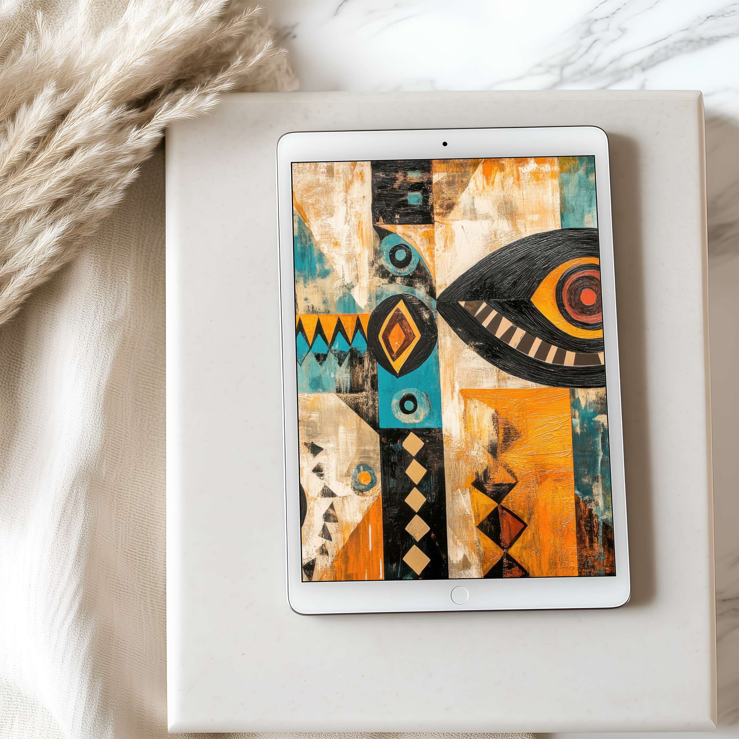 Vibrant abstract tablet wallpaper in earthy tones and geometric patterns enhances your iPad with high-resolution elegance and calm