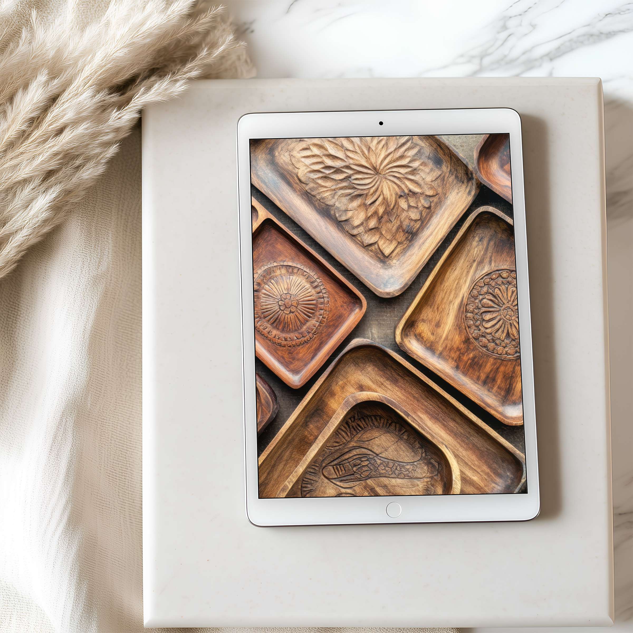 Elegant tablet wallpaper featuring intricately carved wooden patterns in warm tones perfect for high resolution iPad or Android download