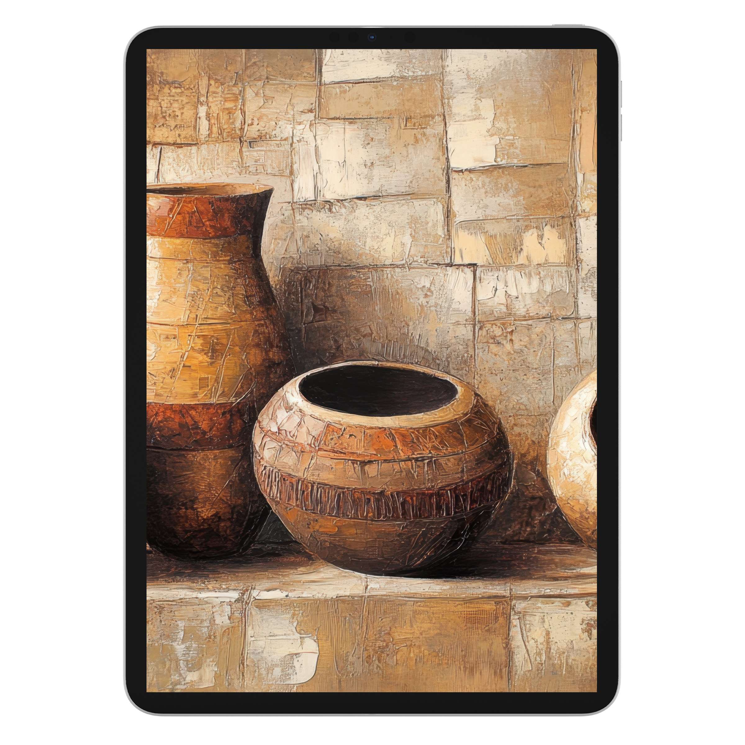 Boho iPad wallpaper featuring earthy clay pots with a rustic texture digital download for a calming tablet background