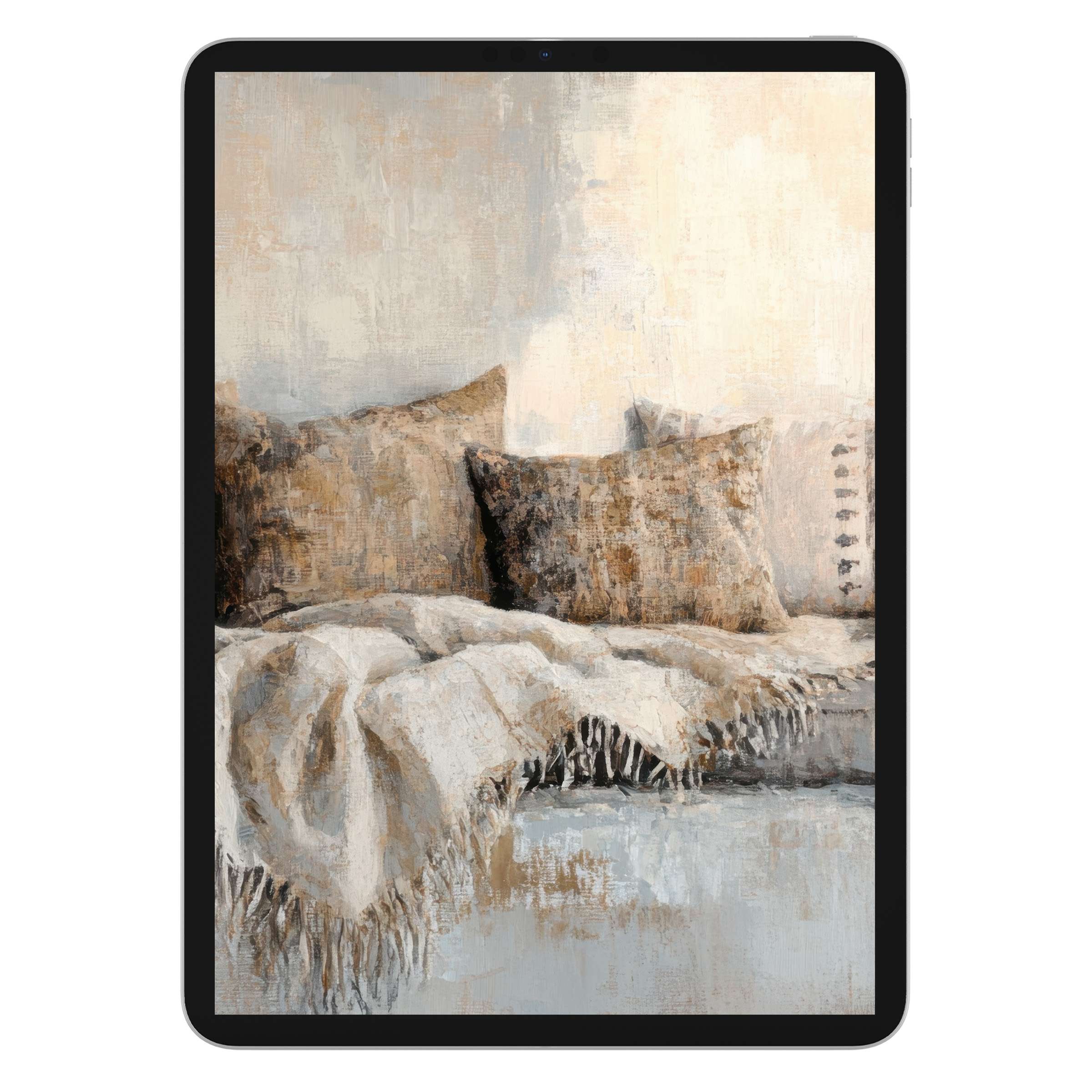 Boho iPad wallpaper with soft earthy tones and textured pillows creates a calming digital download background for tablets