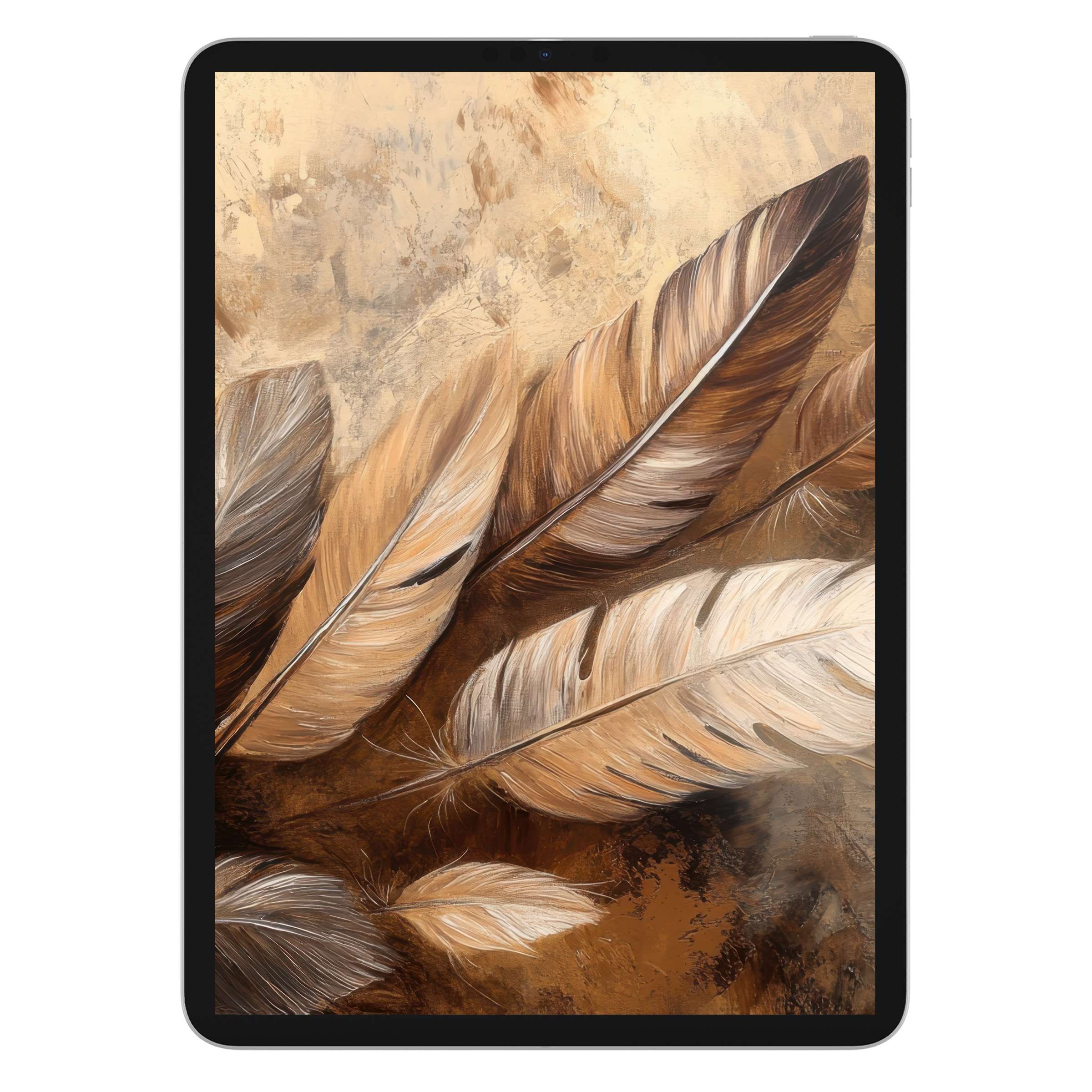 Boho iPad wallpaper with earthy feather art in warm tones; a calming digital download for elegant tablet backgrounds and decor