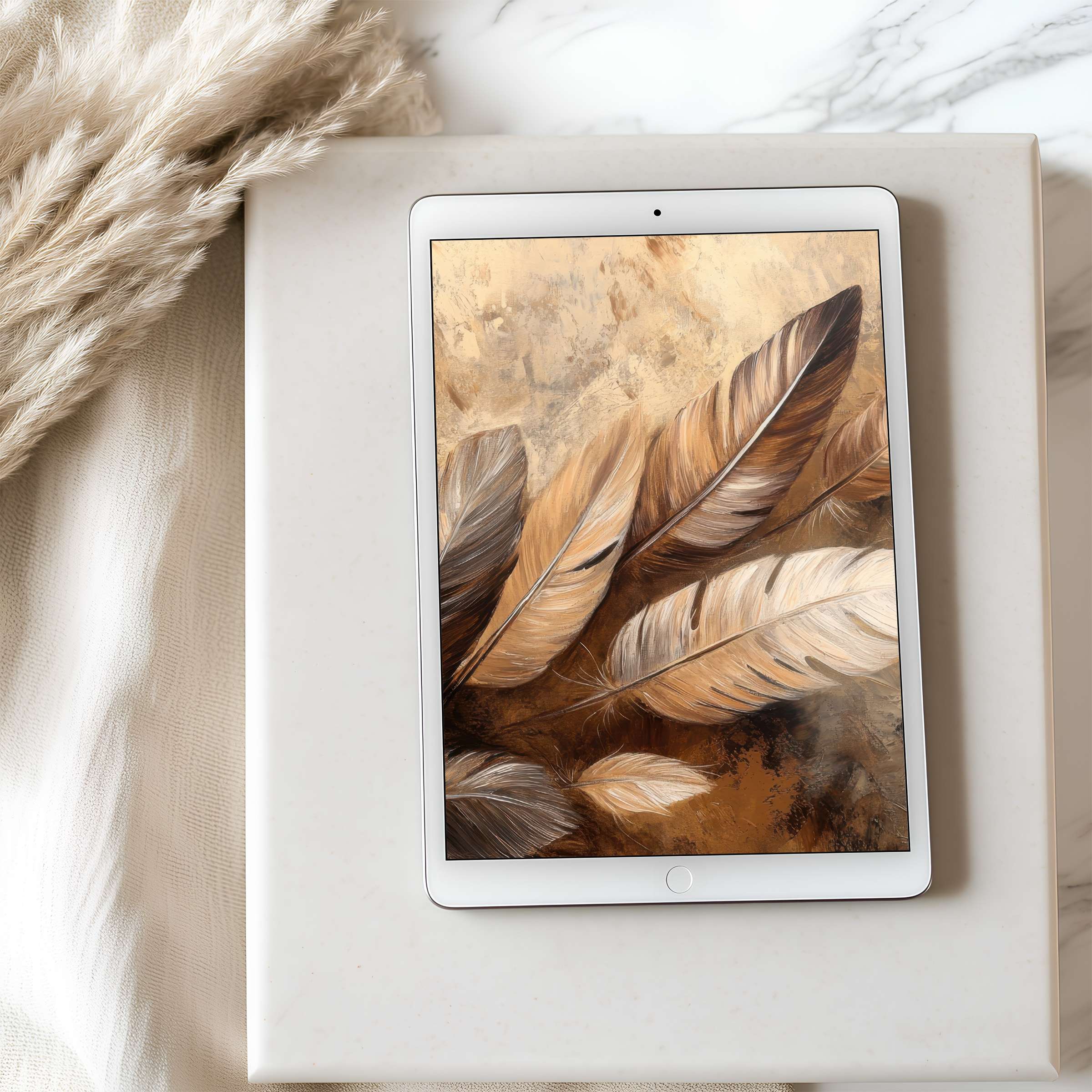 Elegant feather motif tablet wallpaper with earthy tones, perfect for high-resolution iPad and Android backgrounds, offering serene aesthetics