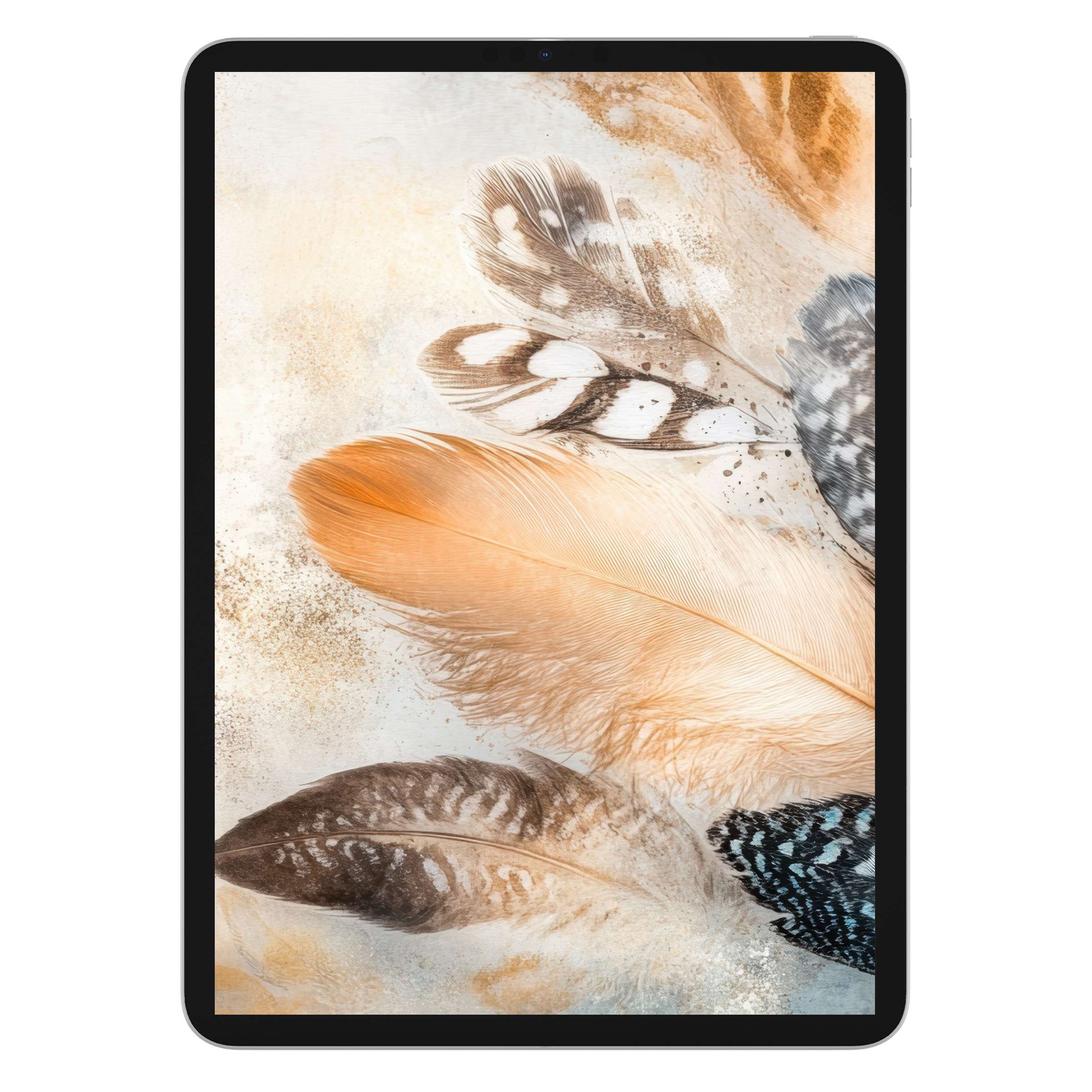 Elegant boho iPad wallpaper features soft earth-toned feathers, creating a calming digital download background for any tablet