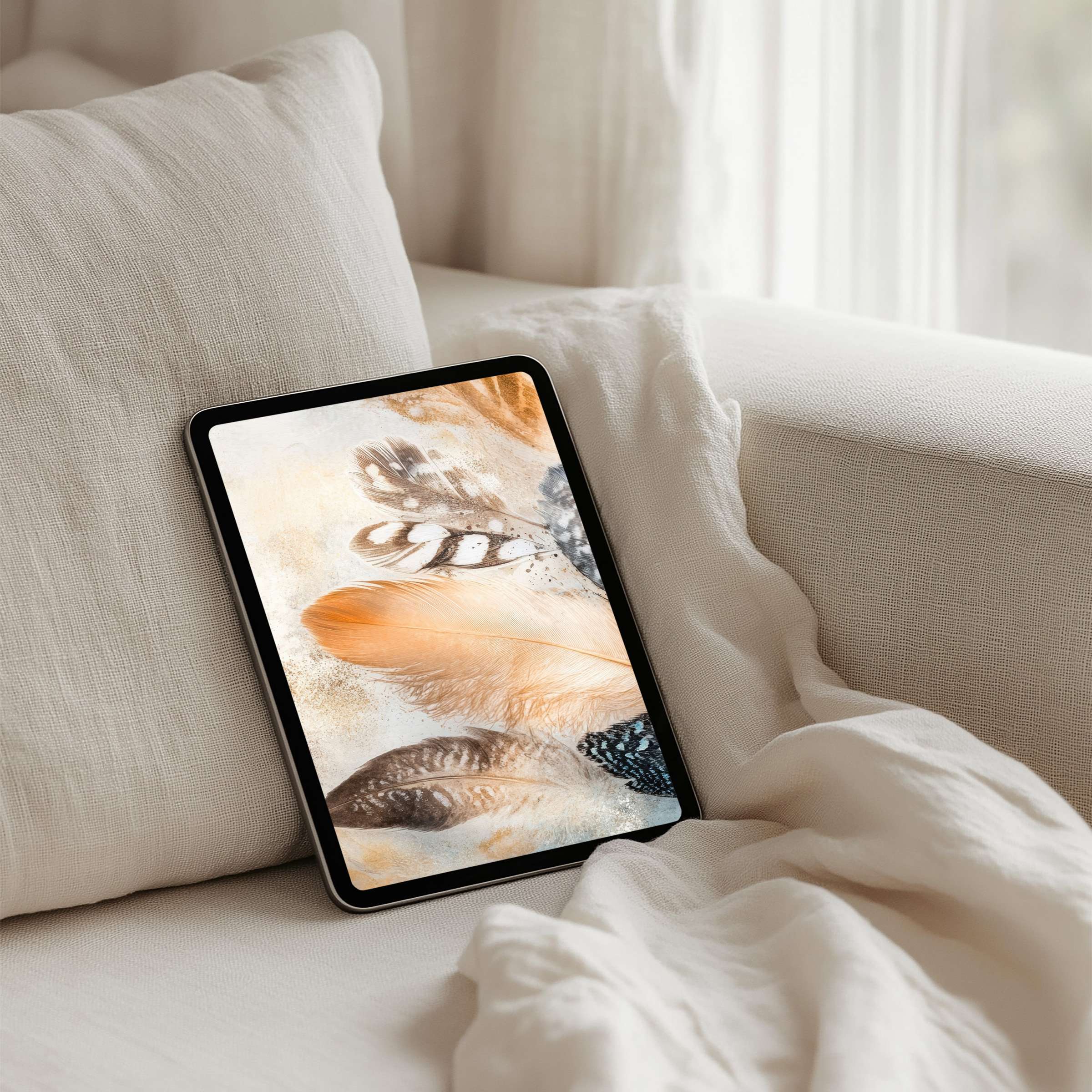 Elegant iPad background featuring earthy feather textures for a calm, sustainable touch Instant download for any tablet user