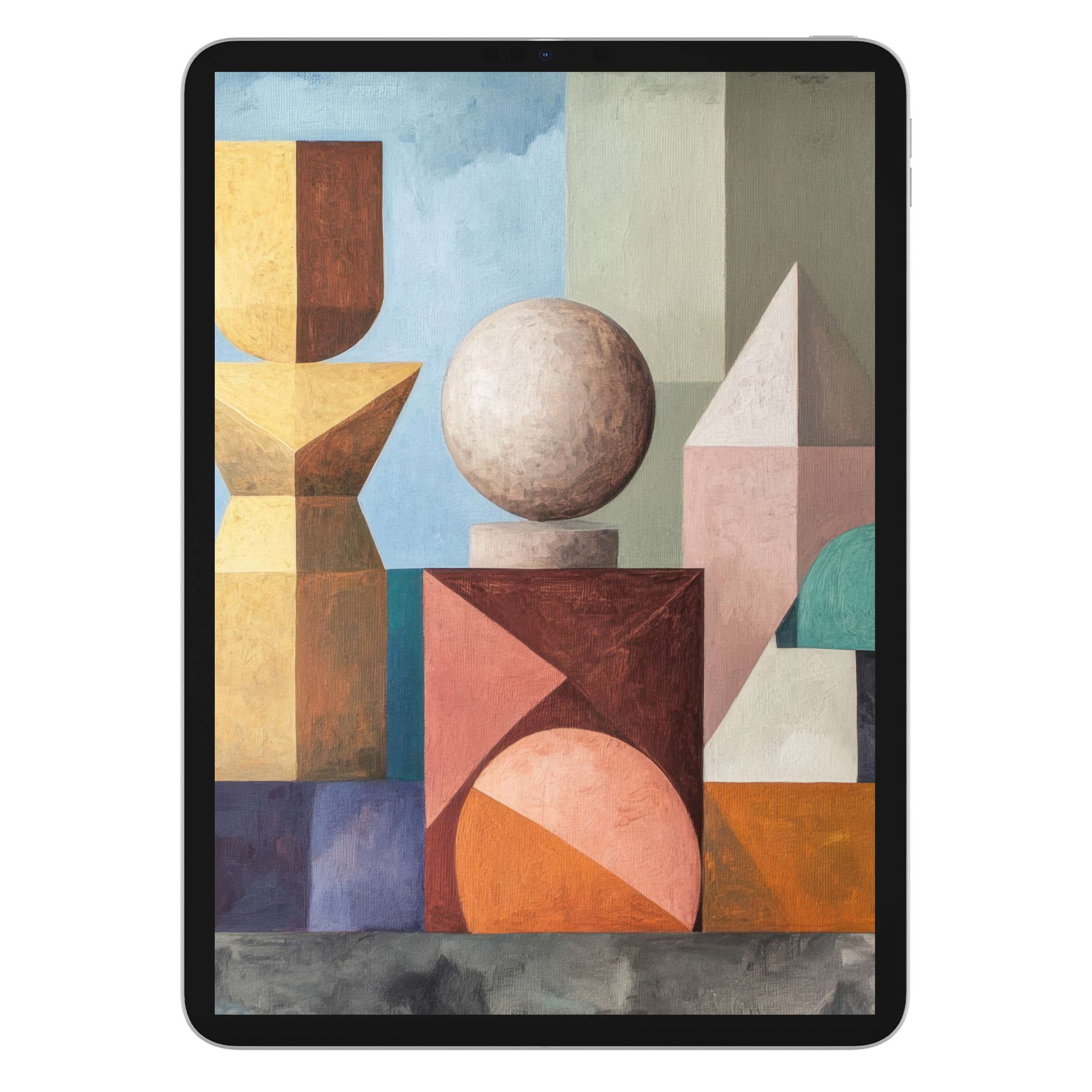 Elegant boho iPad wallpaper with geometric shapes in warm tones offers a calming digital download background for tablets