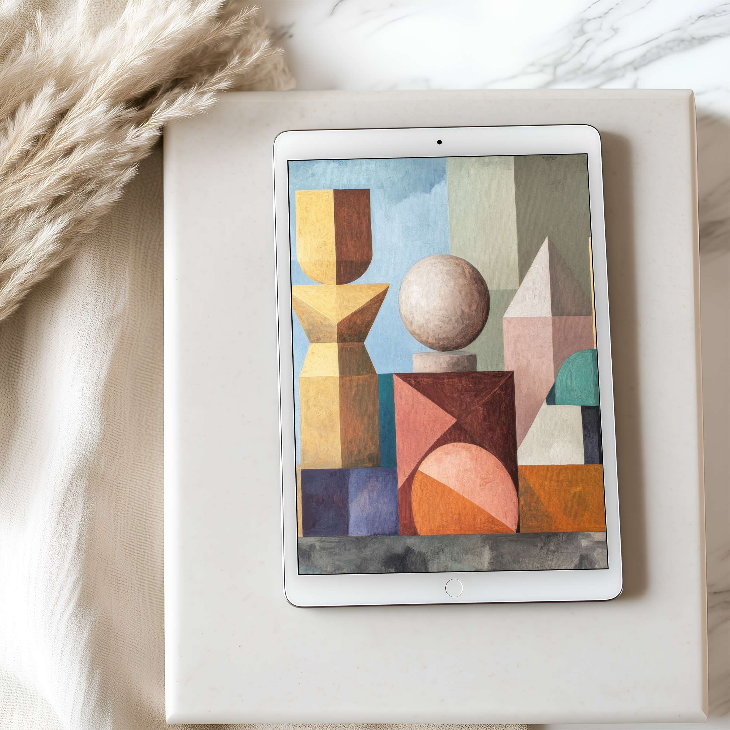 Elegant abstract shapes in soft hues create a calming tablet wallpaper, perfect for iPads Curated high-resolution digital download