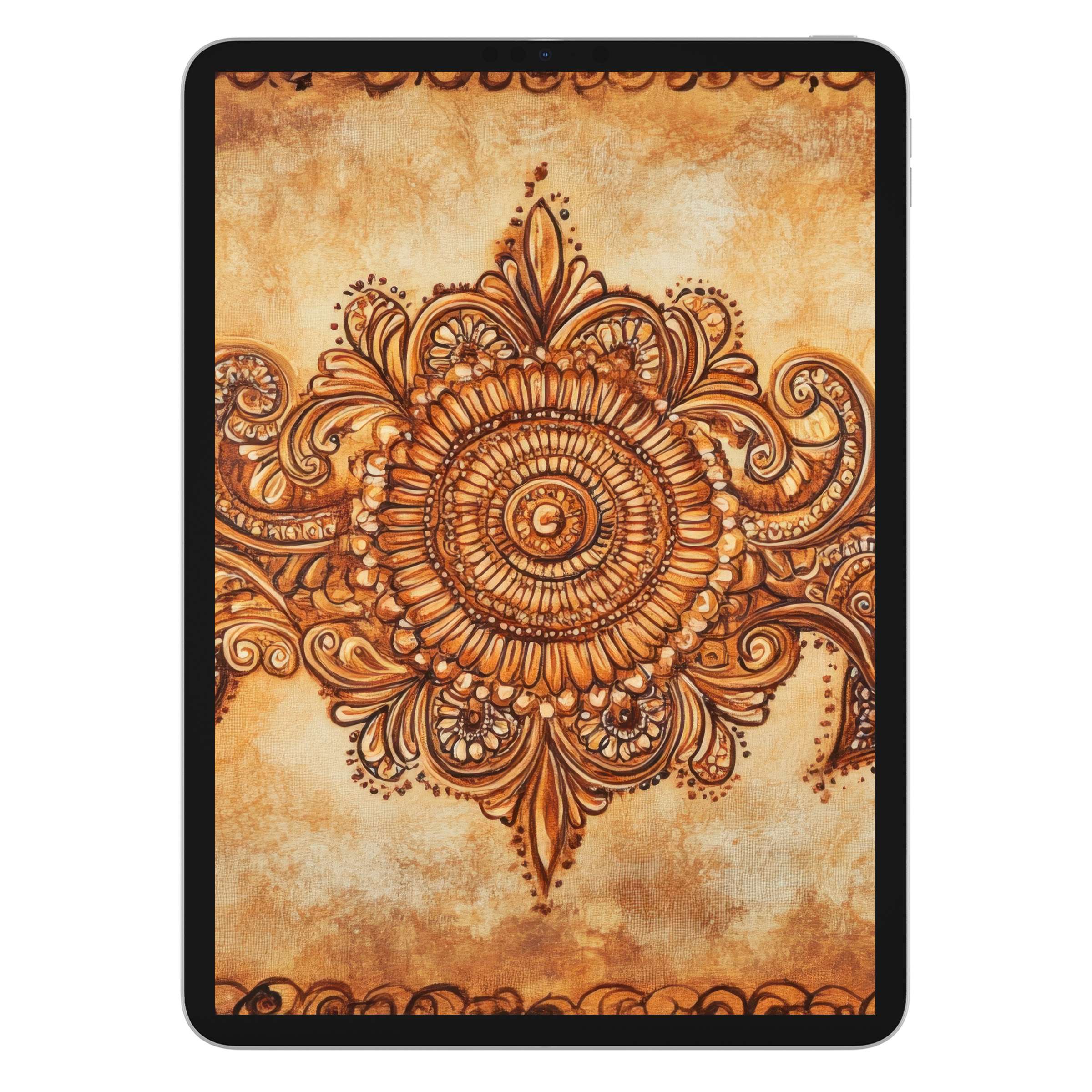 Boho iPad wallpaper with intricate mandala art on a warm textured background for a serene digital download, perfect for tablets