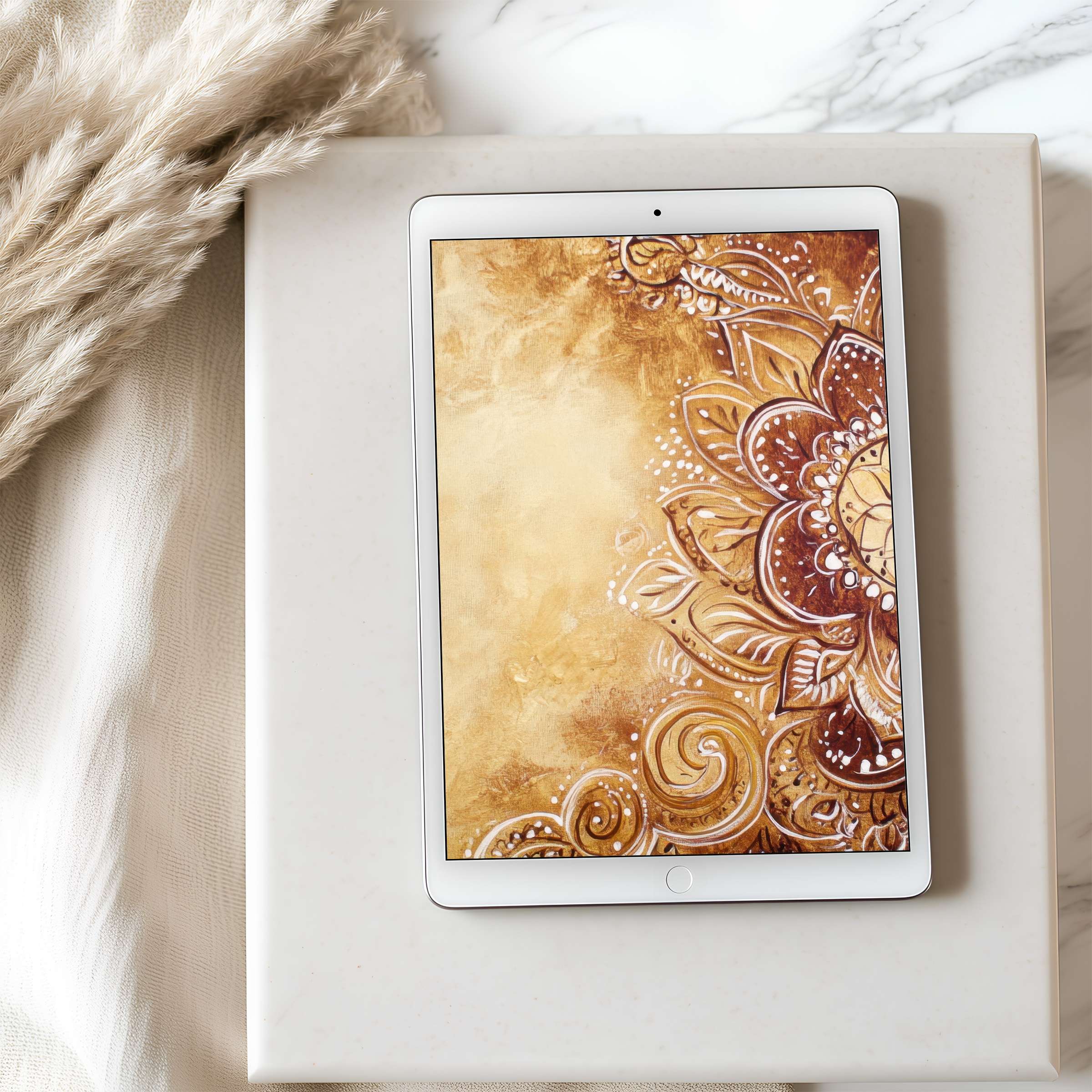 Elegant mandala design in earthy tones enriches this tablet wallpaper, ideal for iPad and Android downloads, enhancing interior tranquility