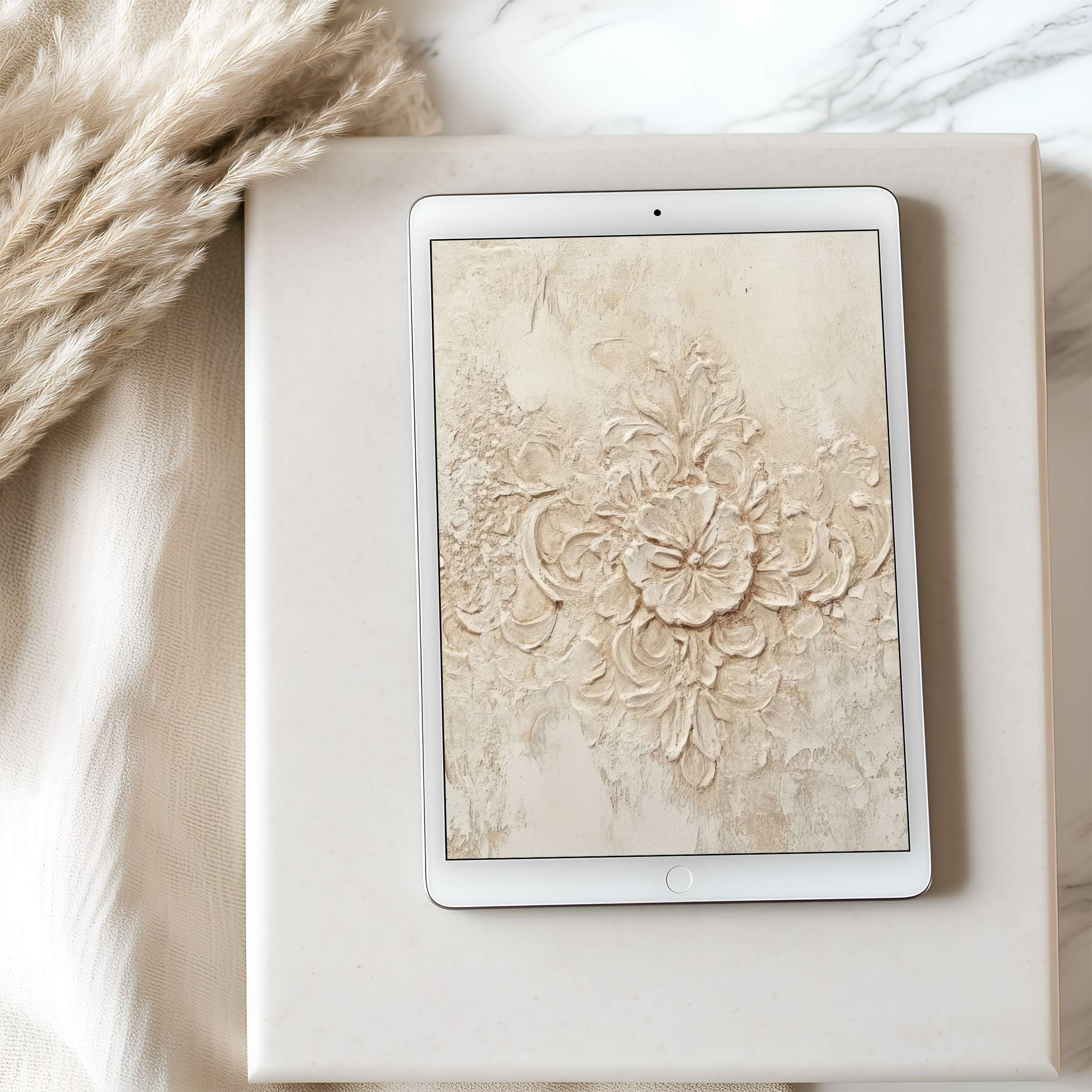 Elegant tablet wallpaper showcasing a high-resolution, beige embossed floral design, perfect for iPad or Android, enhancing serene interiors
