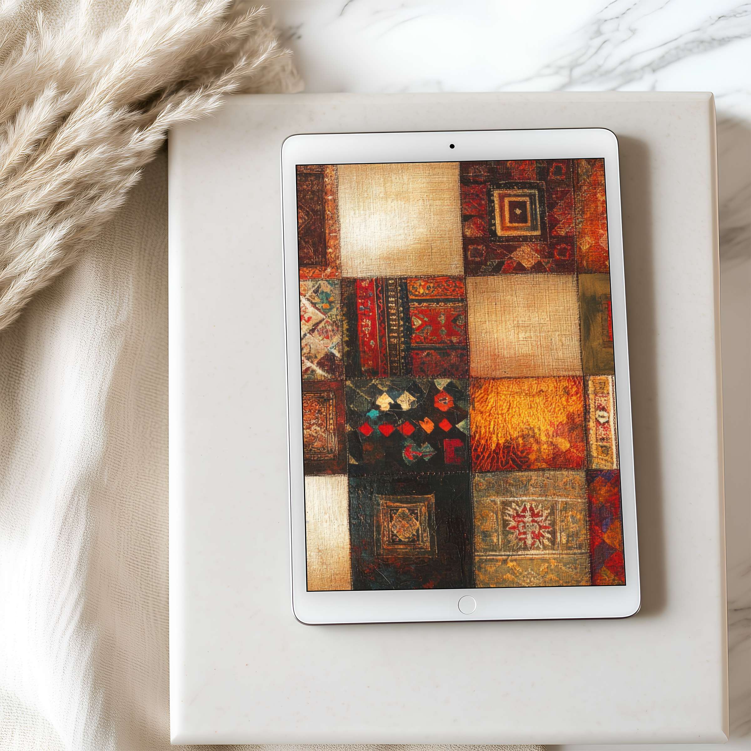 Elegant tablet wallpaper in warm, textured patchwork style enhances your iPad's appeal, offering high-resolution digital calm and style