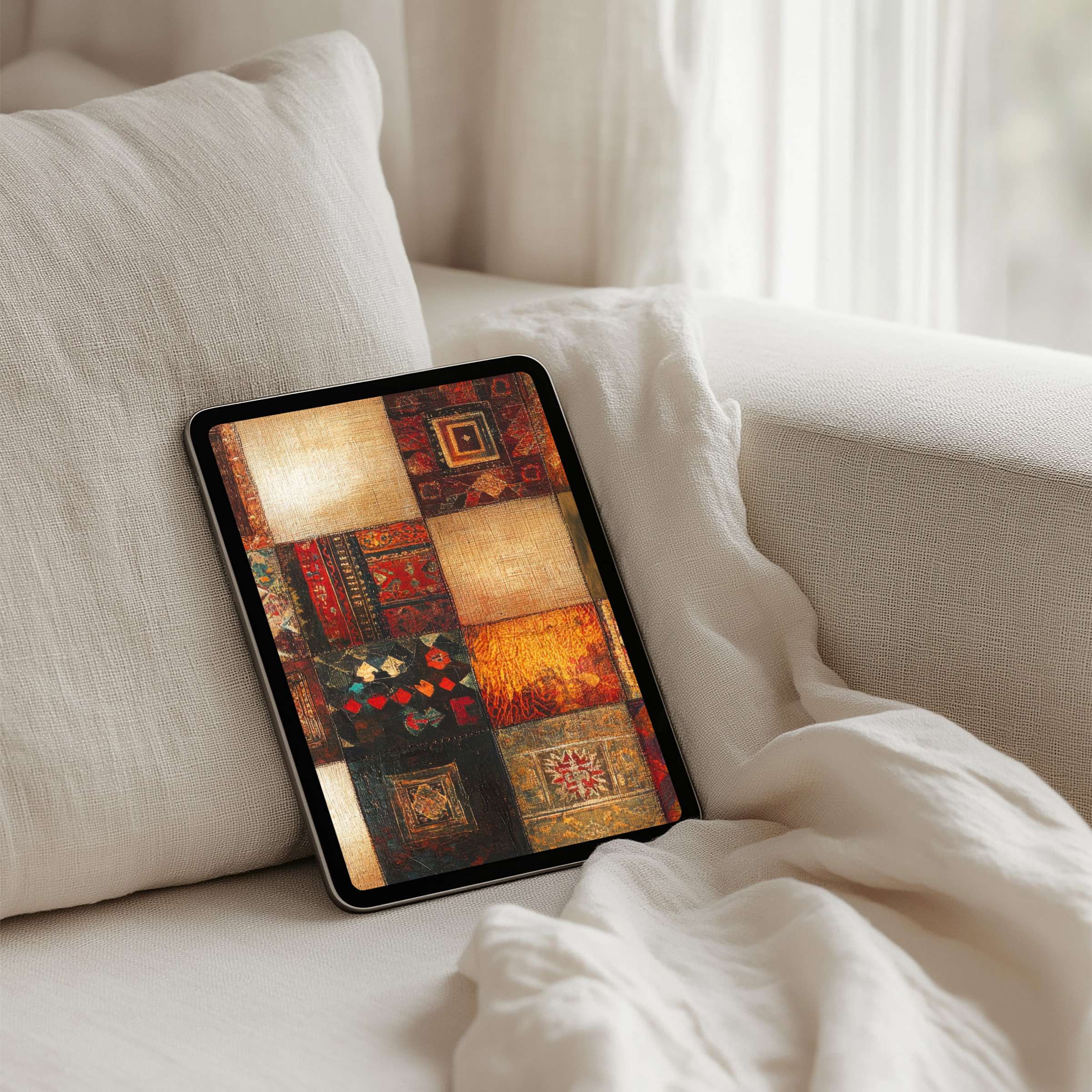 Elegant iPad background with rich, warm patchwork on cozy linen sofa enhances calm and inspiration for instant download on any tablet
