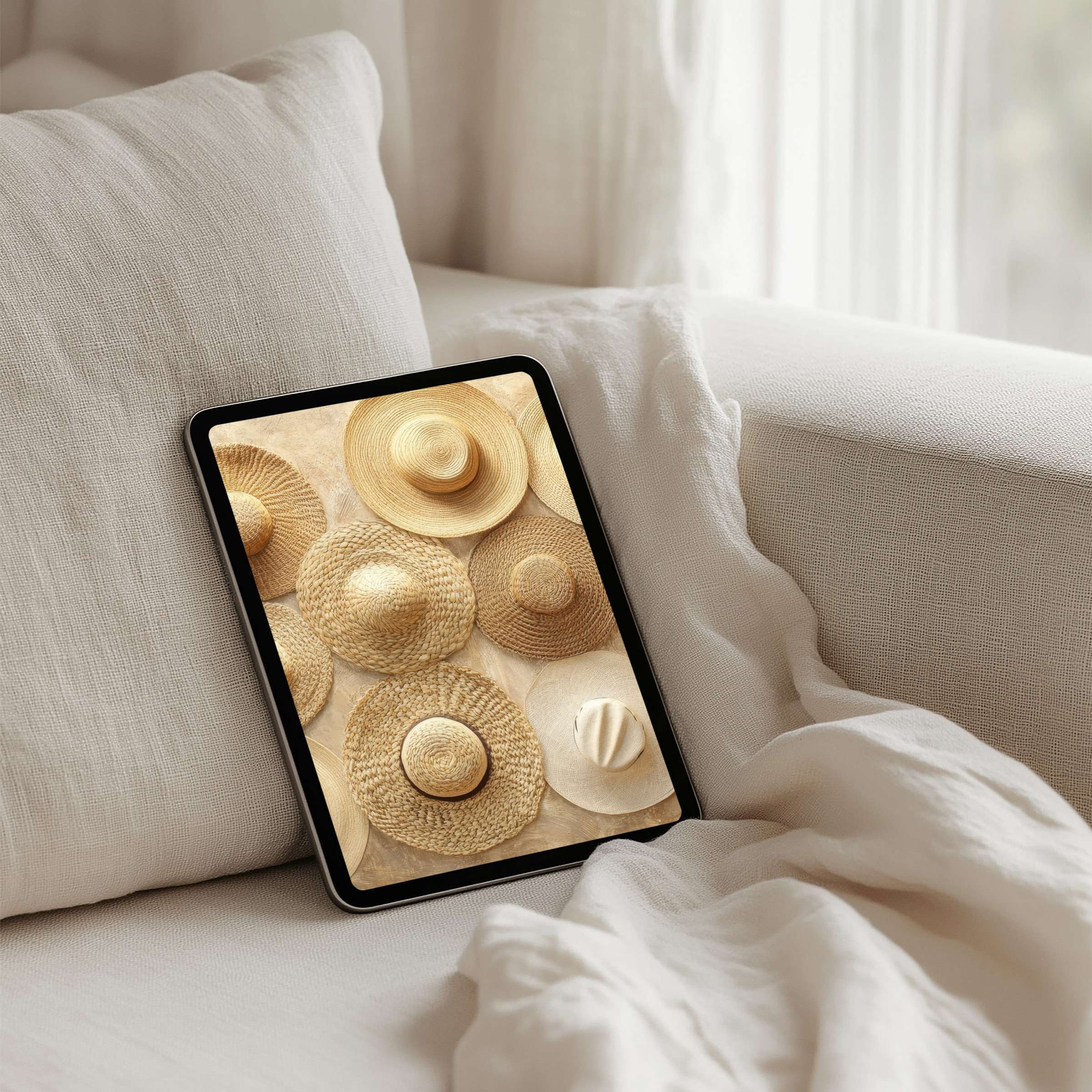 Elegant straw hats iPad background for a calm, mindful aesthetic instant download for any tablet including iPad and Android