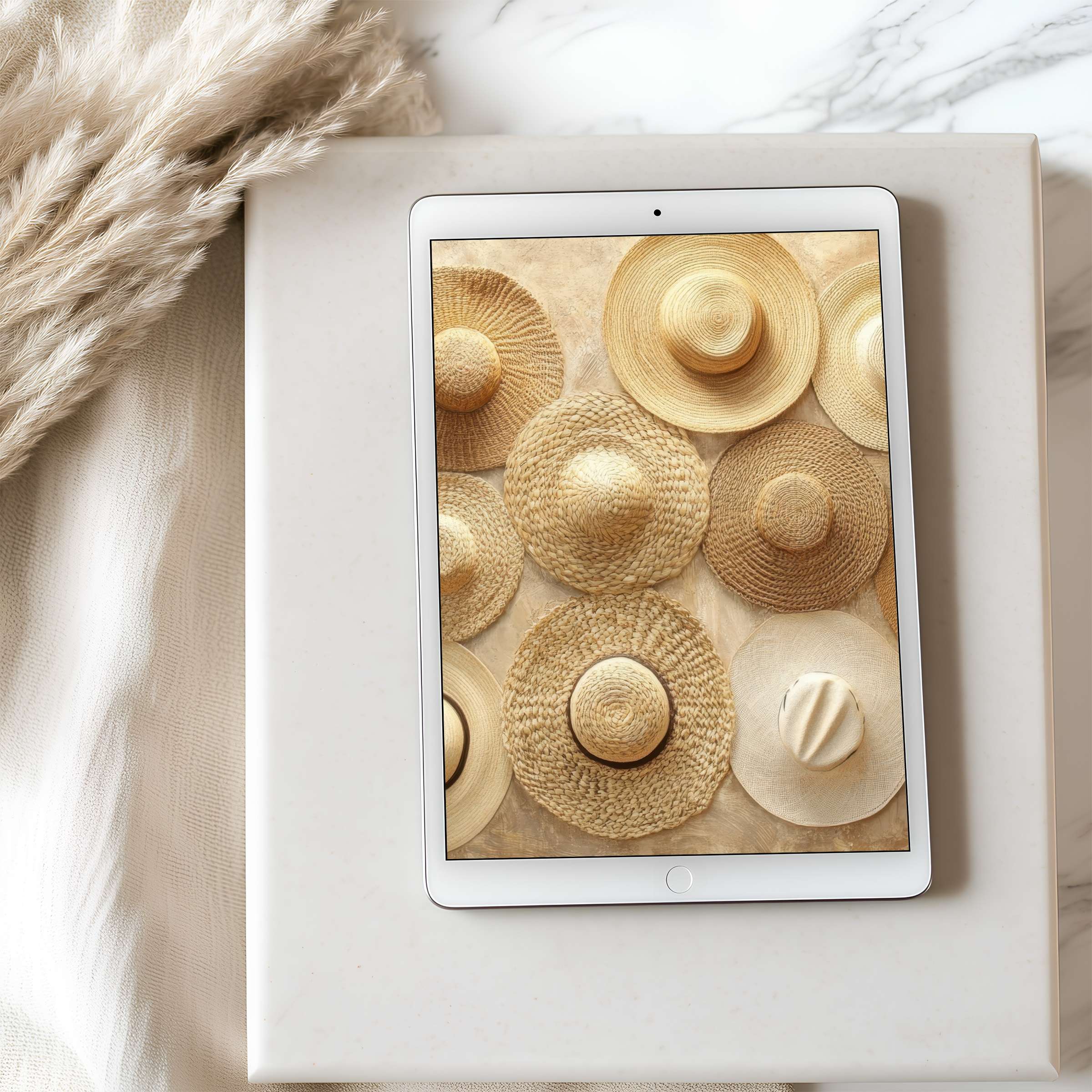 Curated tablet wallpaper with high-resolution straw hats exudes calm elegance, perfect for iPad and Android tablets, digital download