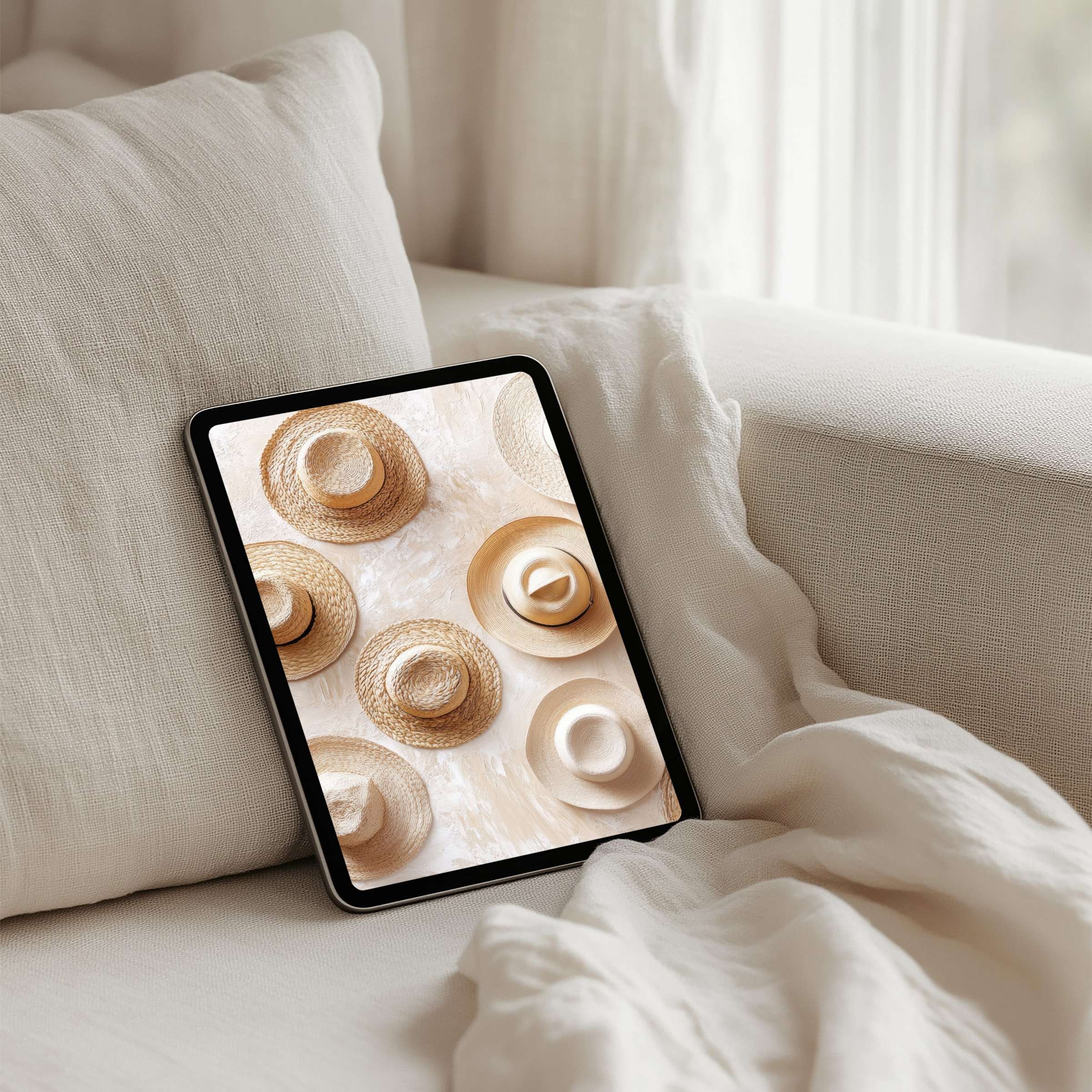 Elegant straw hat design enhances iPad background for mindful chic; instant download fits tablets, inspiring calm aesthetics