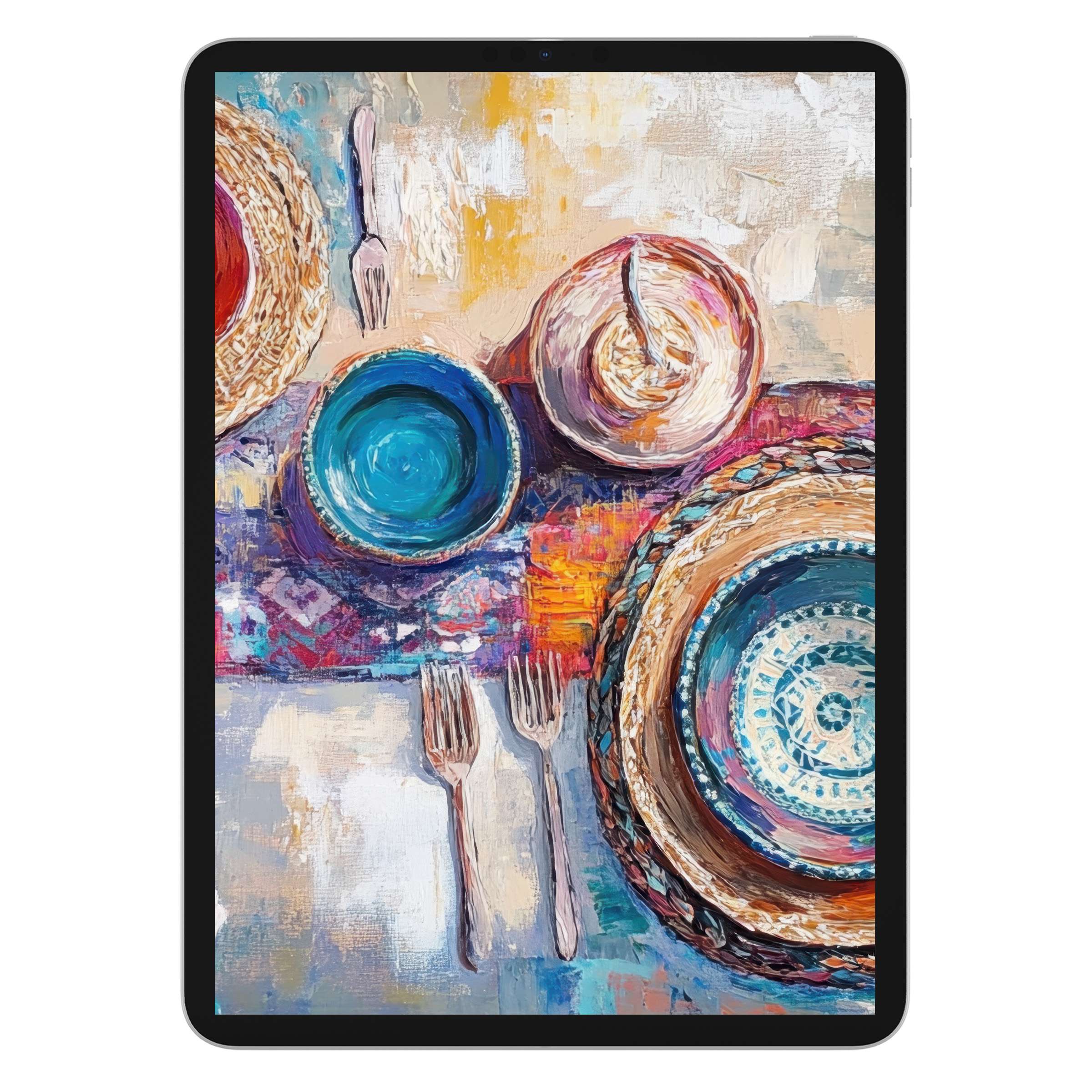 Vibrant boho iPad wallpaper features artistic tableware in rich textures, perfect digital download for serene tablet background designs