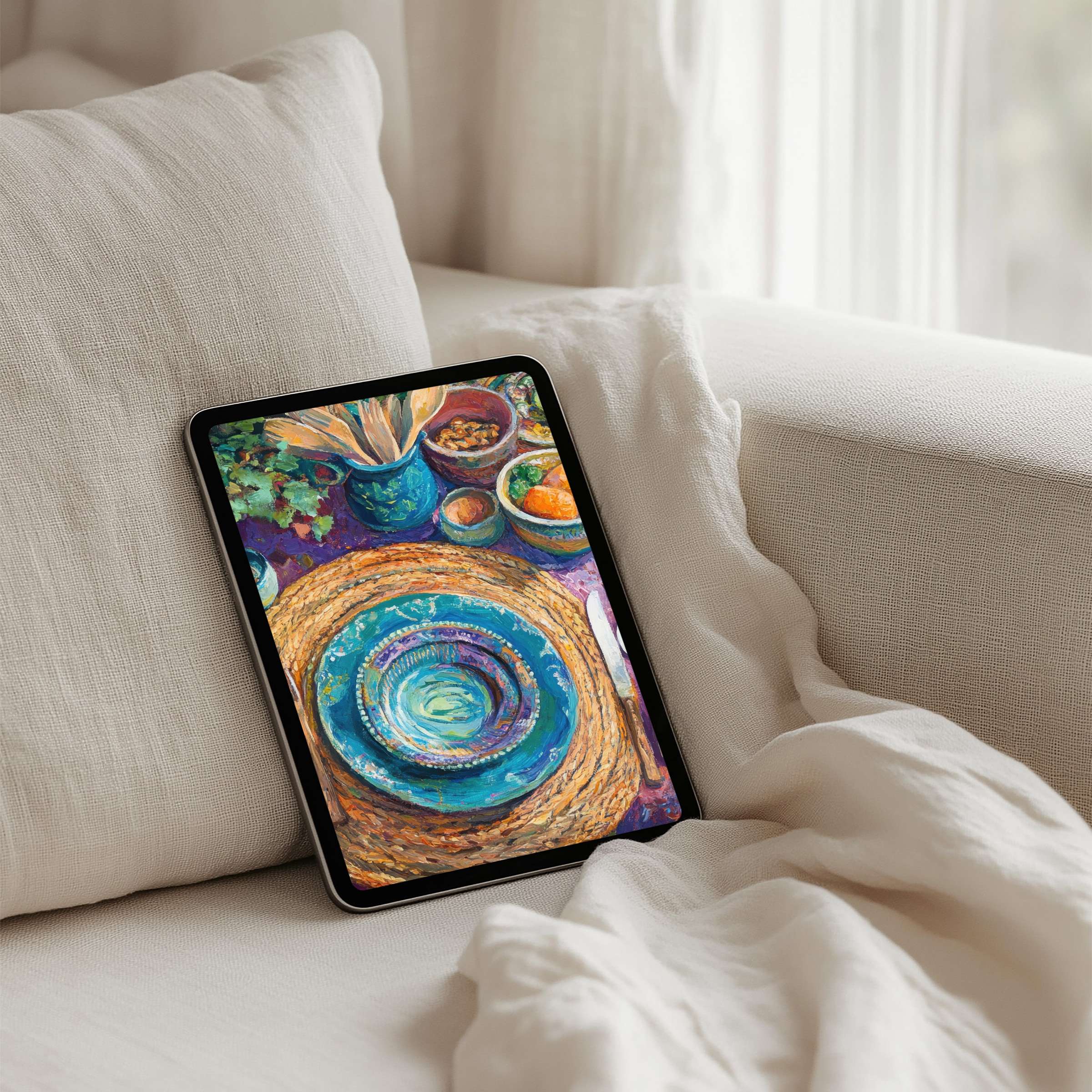 Elegant iPad background featuring a vibrant, artistic table scene evokes calm inspiration perfect for instant download on any tablet