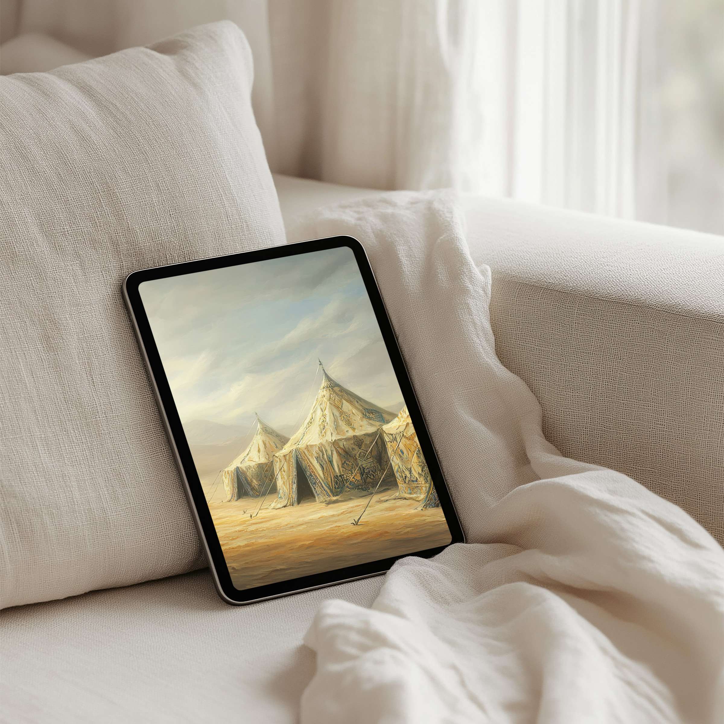 Serene desert tents painting enhances your iPad background offering calming inspiration and elegance for tablet instant download