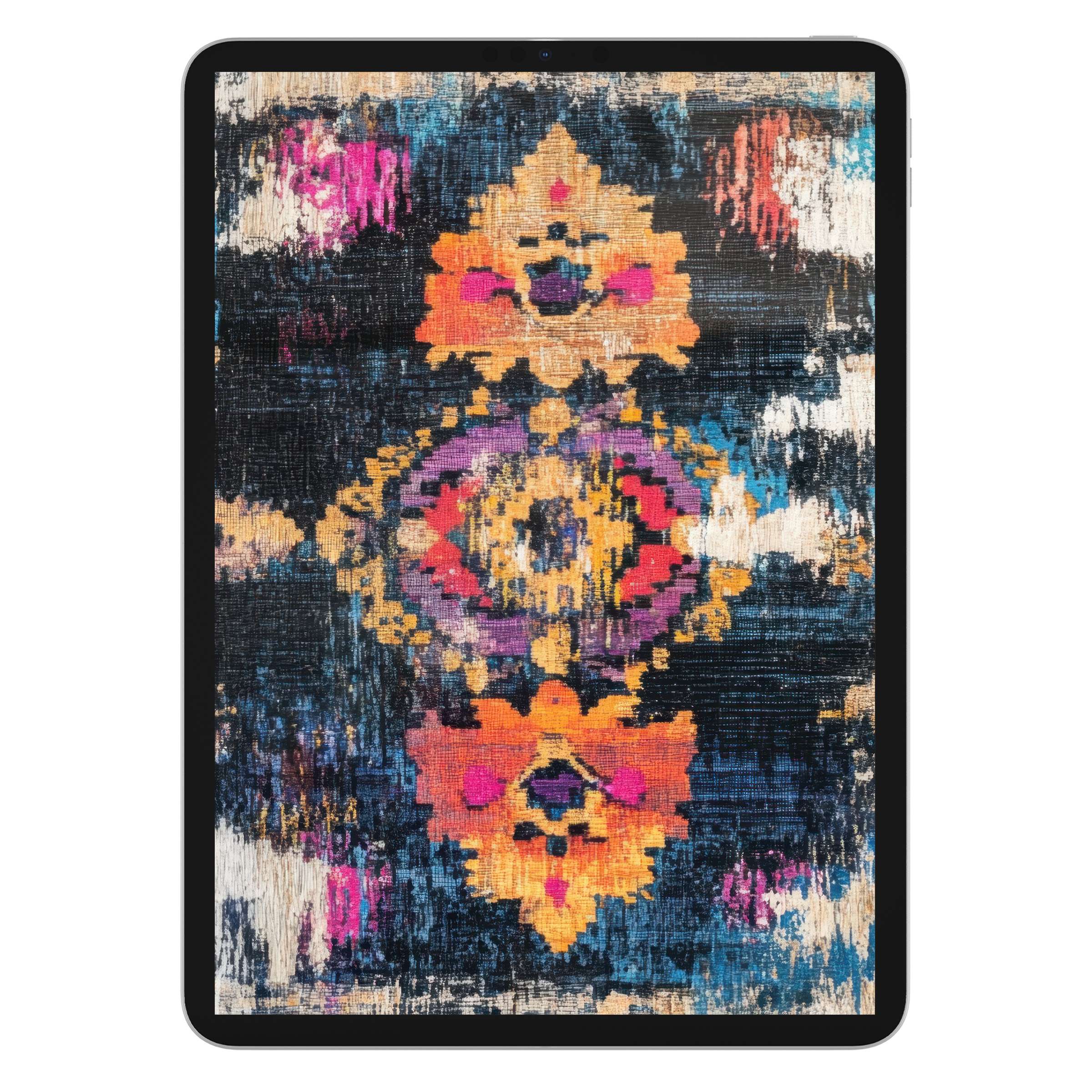 Elegant boho iPad wallpaper with vibrant abstract patterns in orange and purple, perfect digital download for tablet background serenity