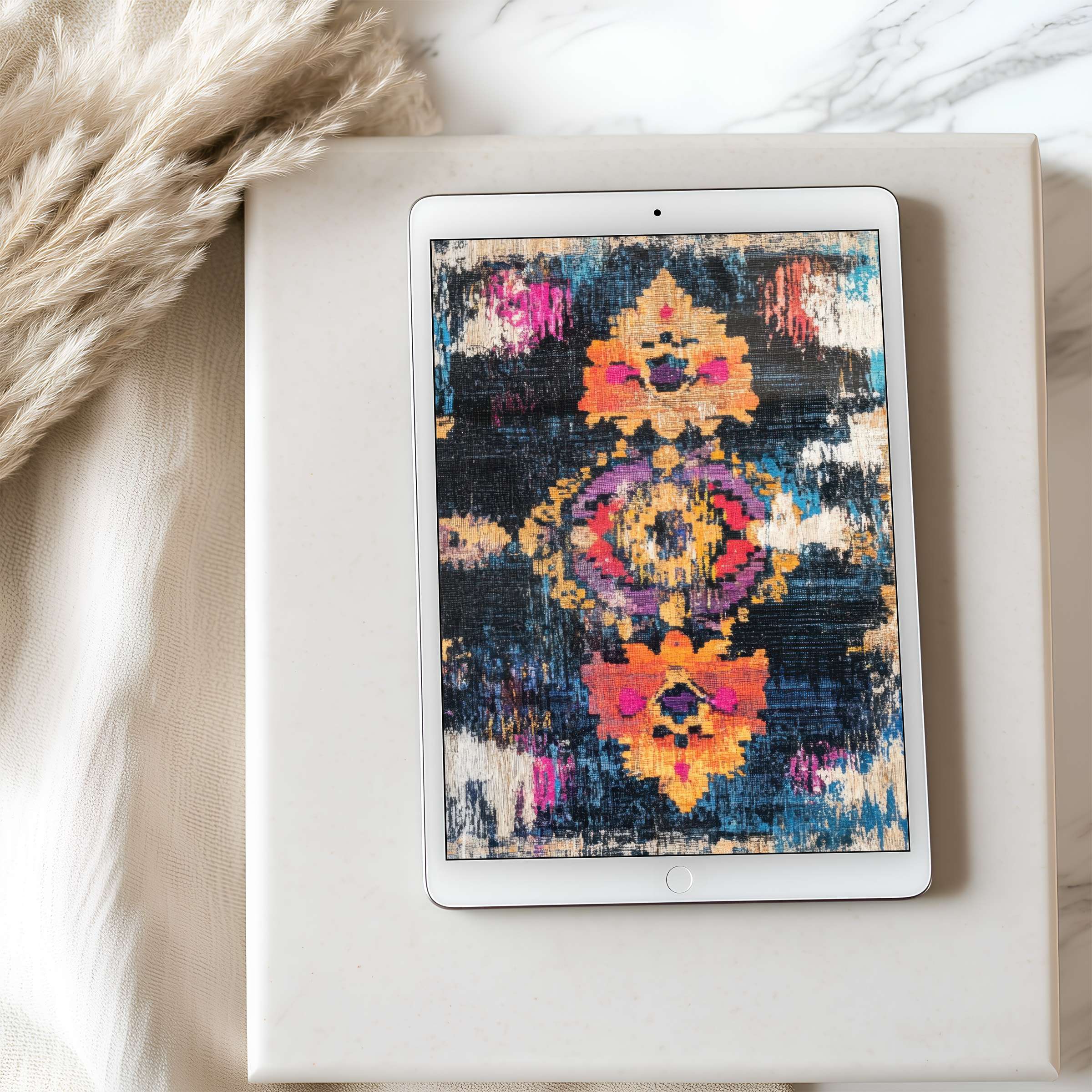 Vintage-inspired tablet wallpaper in rich blues and vibrant patterns, perfect for high resolution display in serene, chic interiors