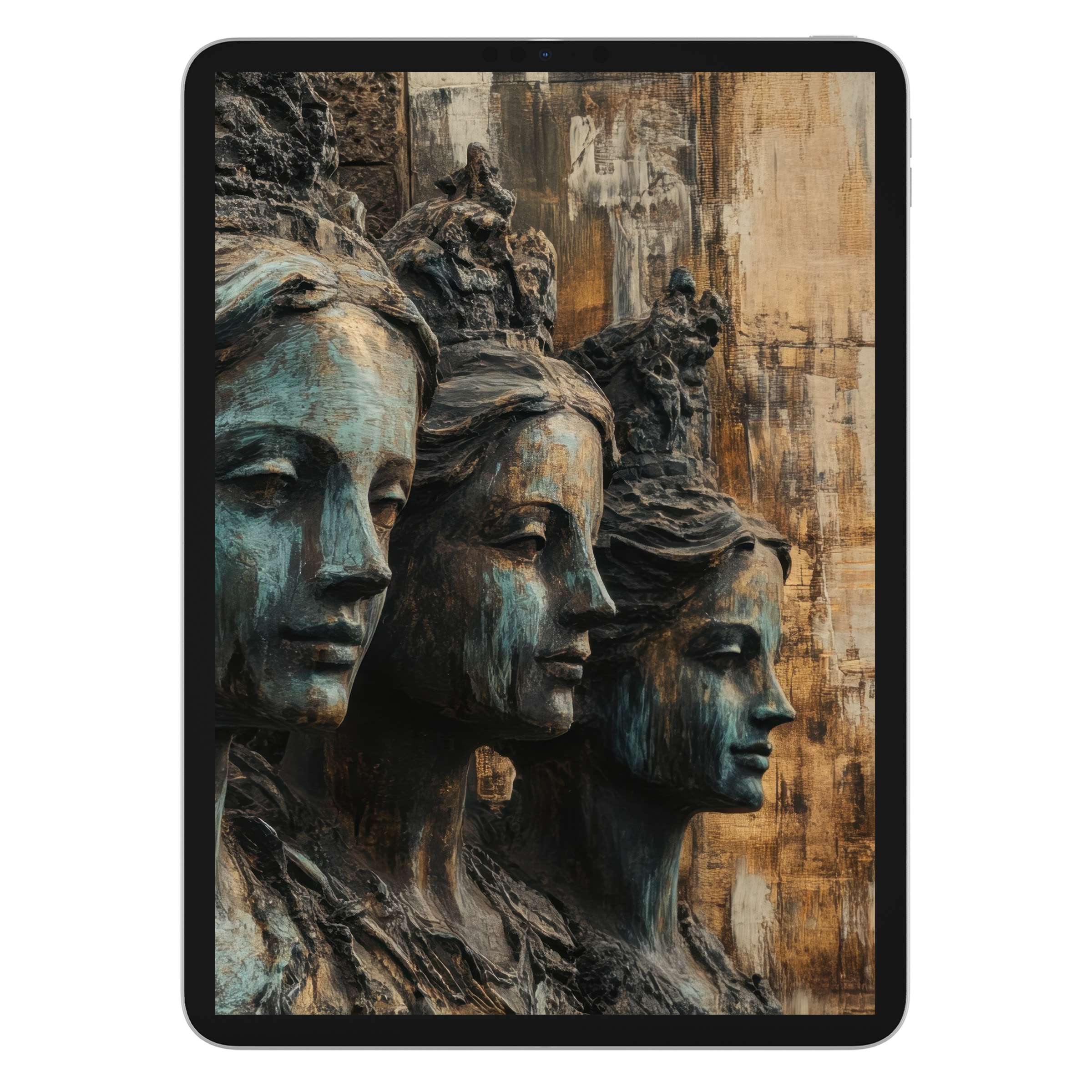 Elegant boho iPad wallpaper with textured bronze sculptures set against a rustic background digital download for all tablets