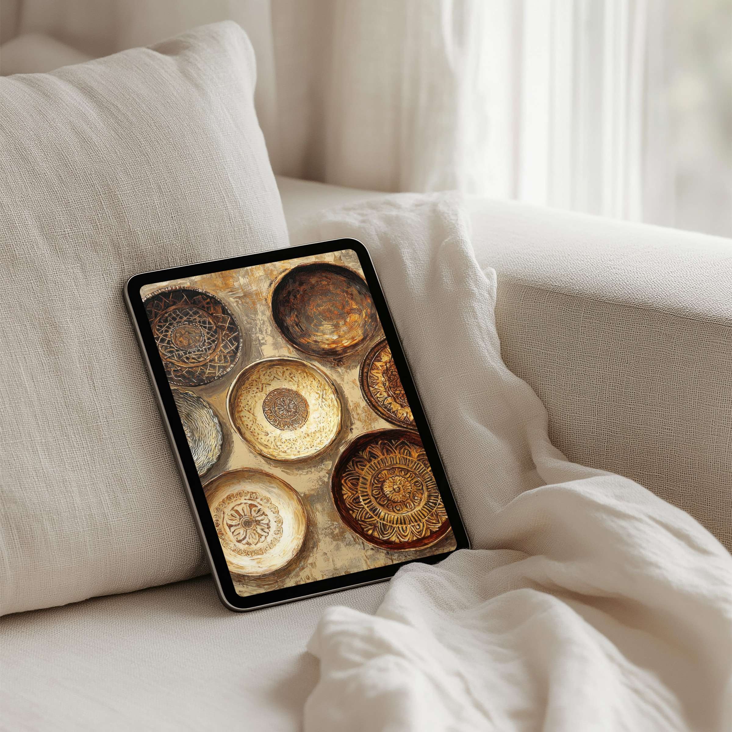 Elegant iPad background featuring earthy, textured mandalas for instant download calming aesthetics on any tablet device