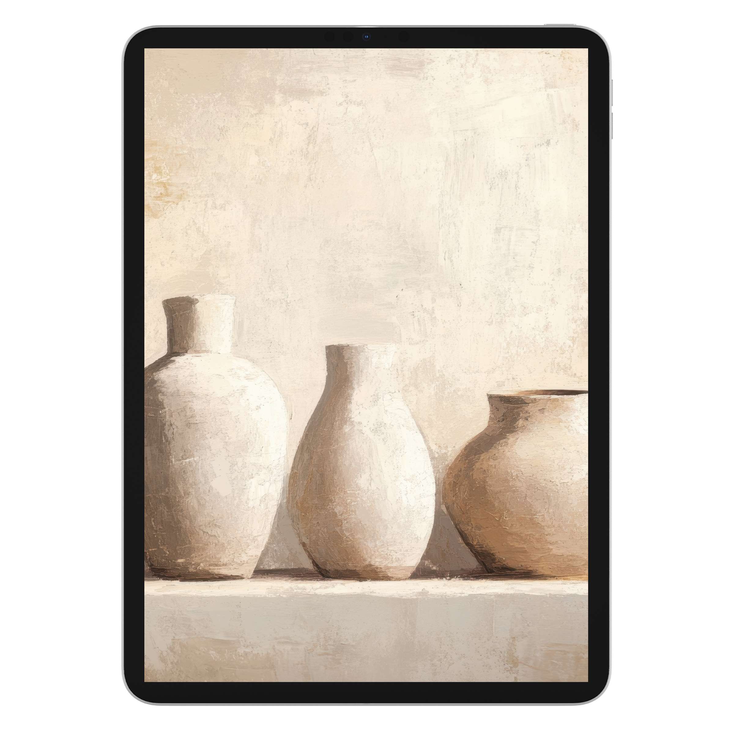 Calming boho iPad wallpaper showcasing elegant neutral-toned vases, perfect digital download for tablet backgrounds and artistic style