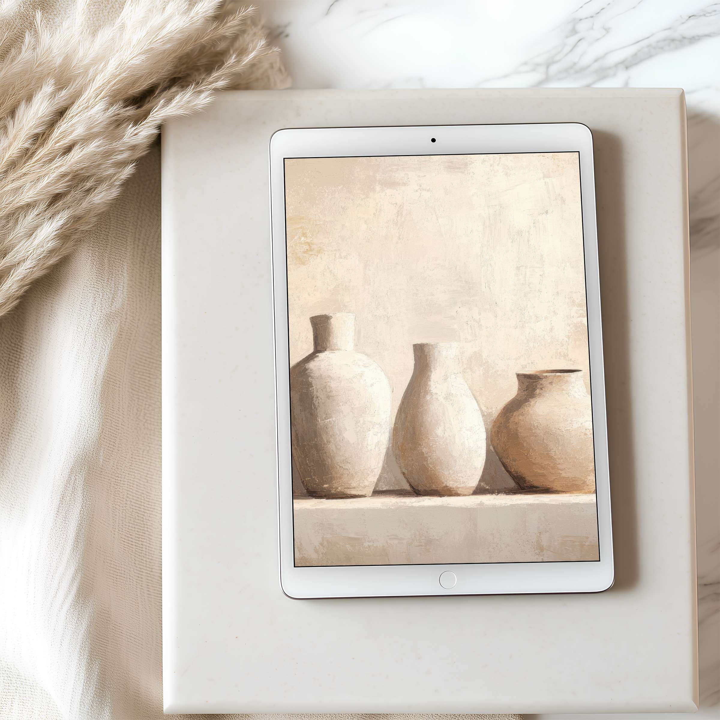 Elegant tablet wallpaper featuring tranquil vase art in soft beige tones perfect for iPad and Android download adds soothing aesthetics