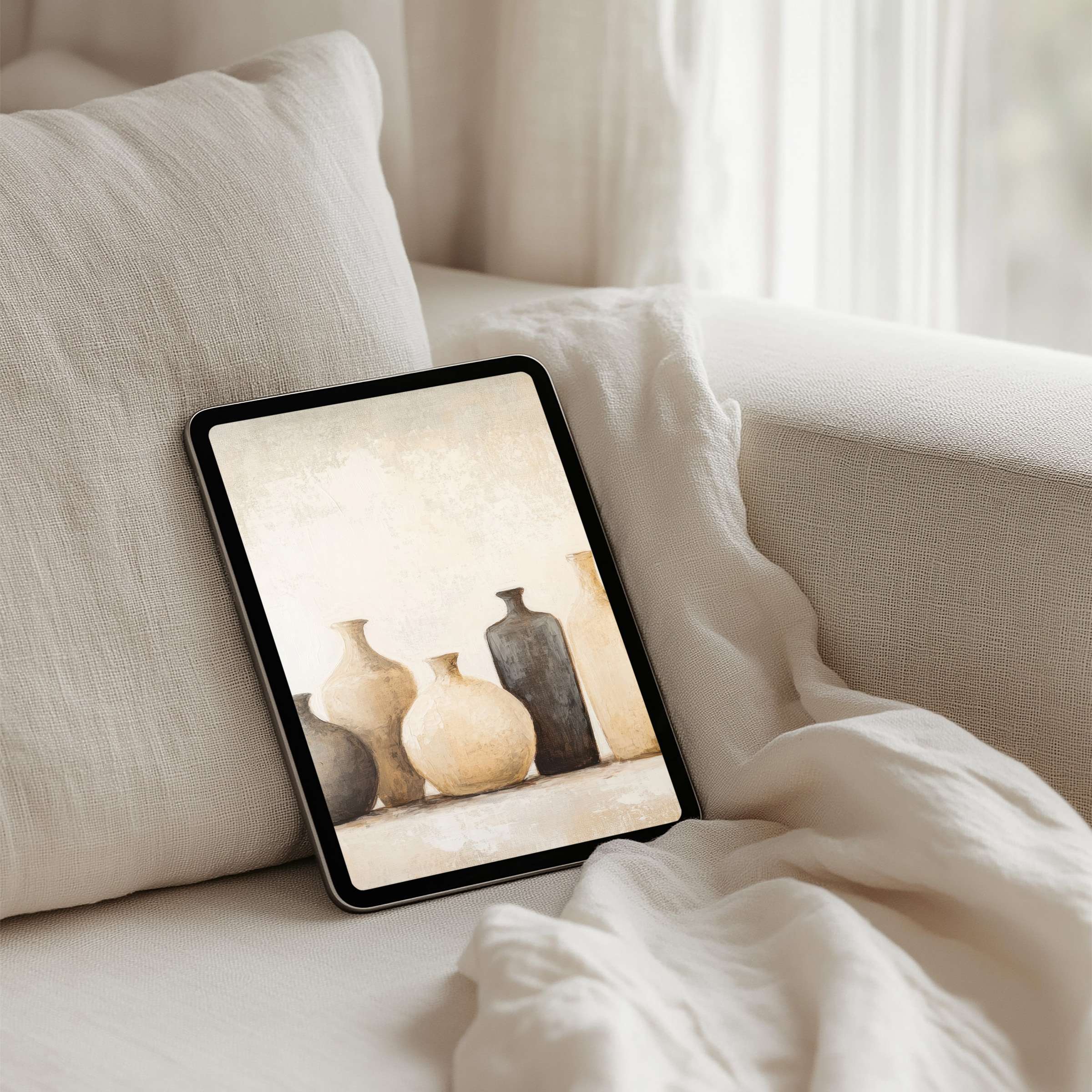 Elegant neutral-toned iPad background with artistic vases evokes calm and inspiration ideal for instant download to any tablet