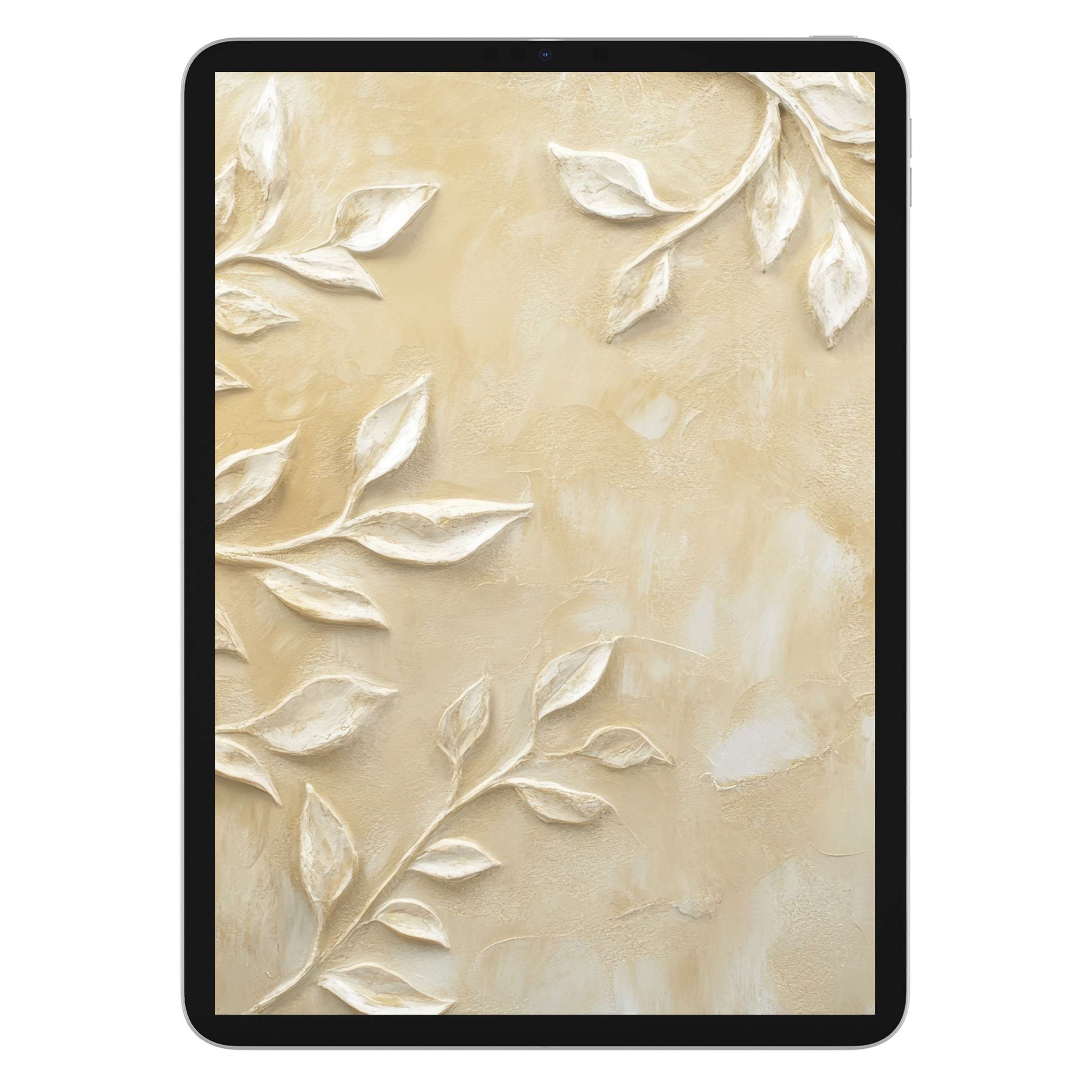Elegant boho iPad wallpaper with textured leaf patterns in calming beige tones, perfect digital download for tablet background users