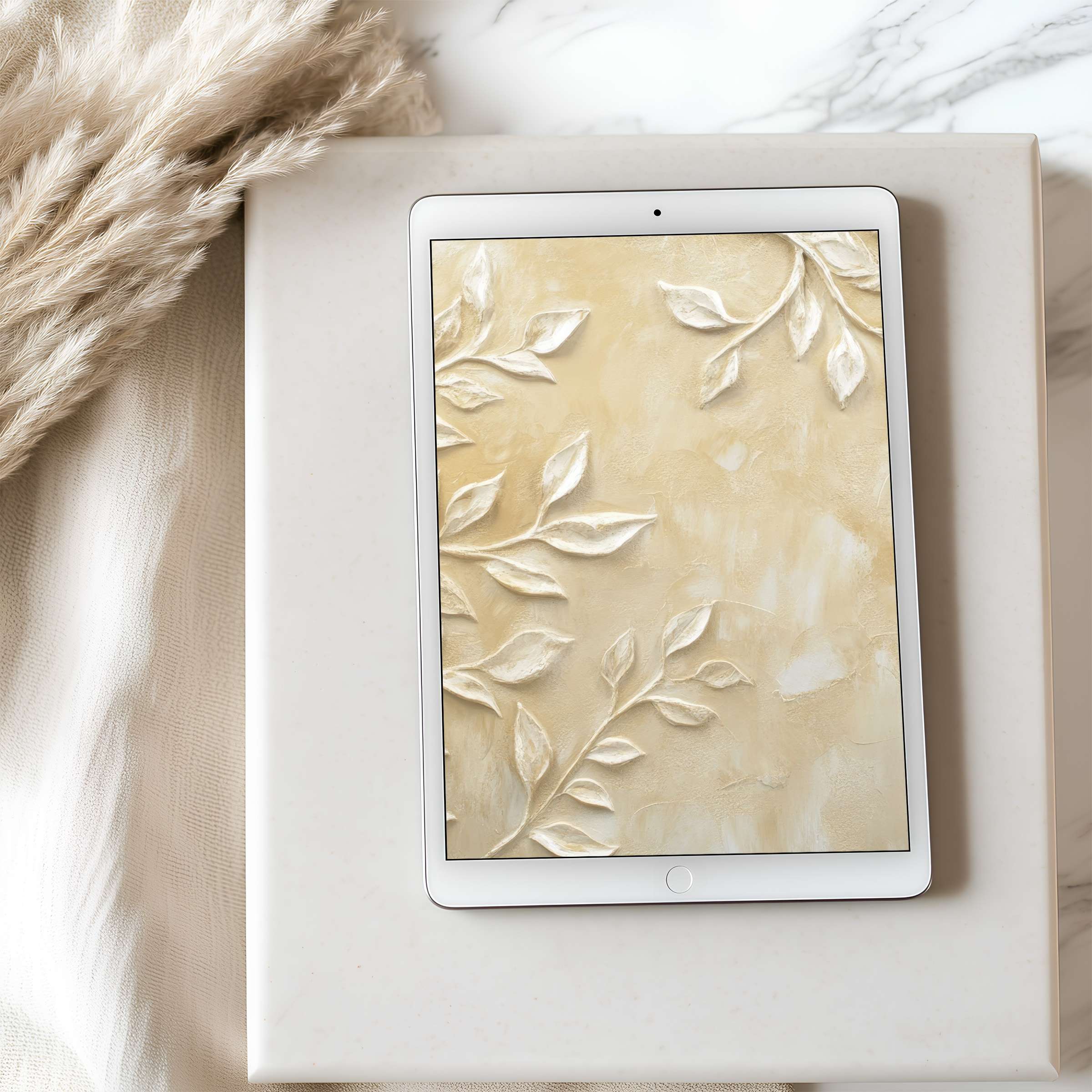 Elegant tablet wallpaper featuring serene beige leaves, perfect for iPad or Android tablets, enhancing calm spaces with high resolution