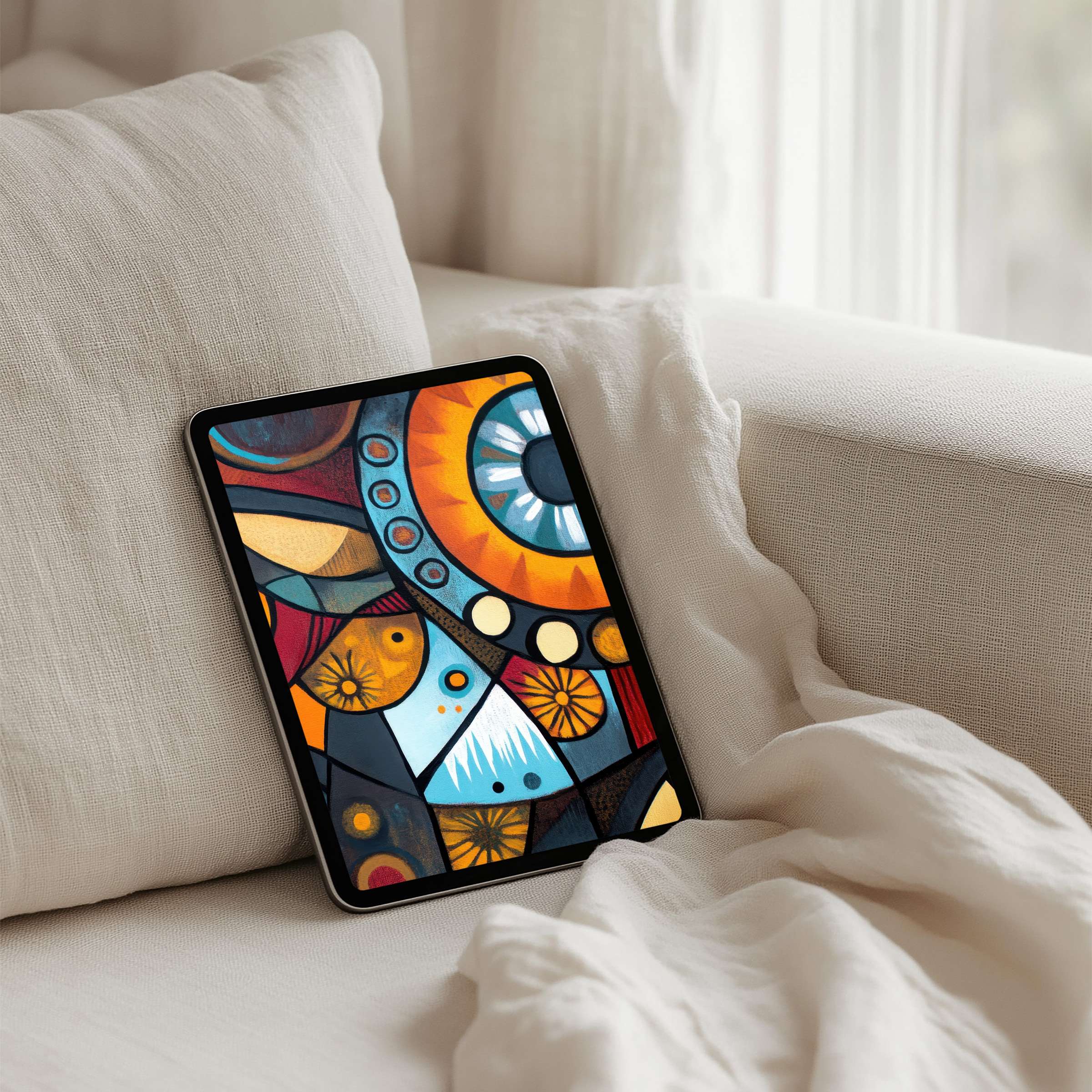 Elegant abstract iPad background with vibrant colors on a cozy sofa setting offers instant download for all tablets to inspire mindfulness