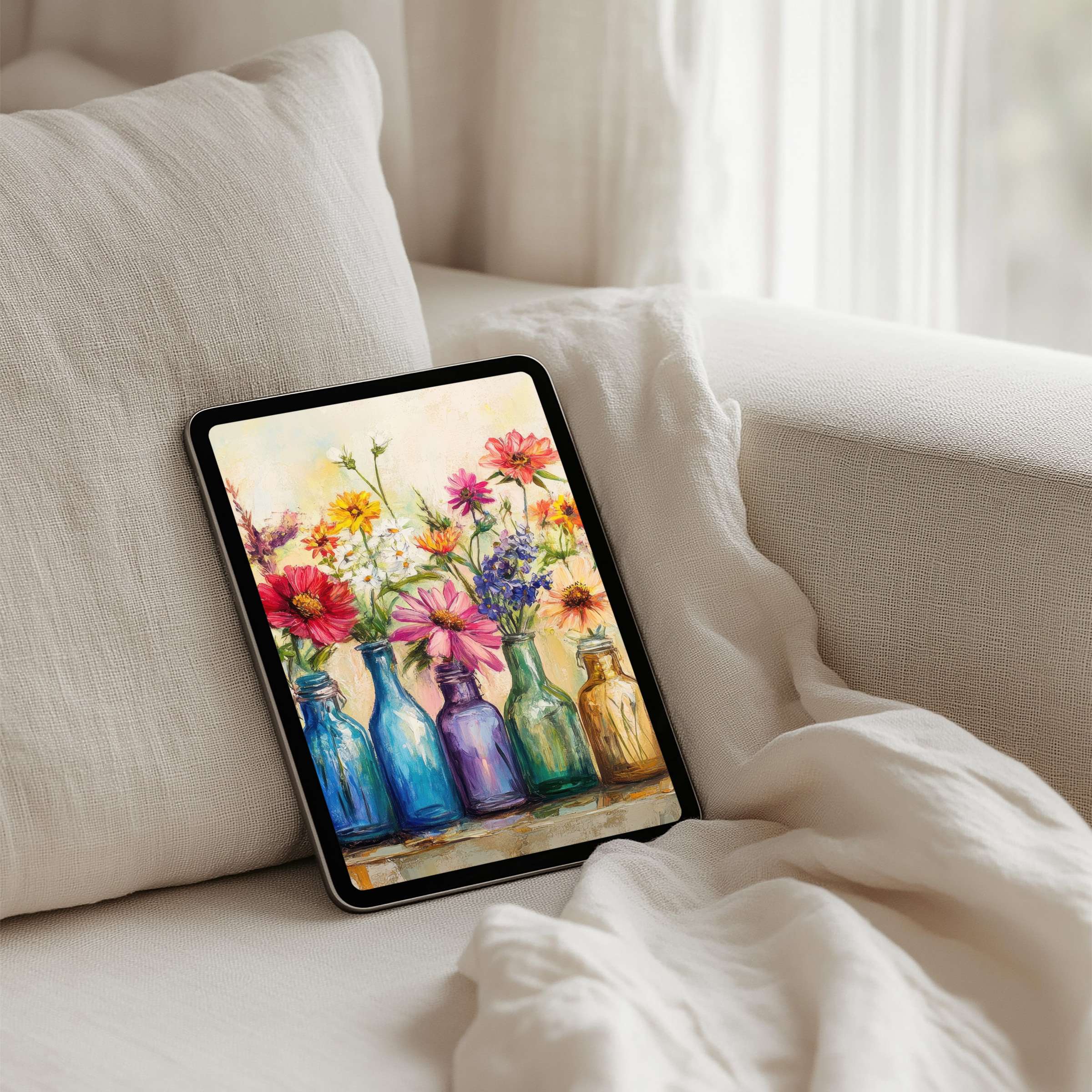 Elegant iPad background featuring vibrant flowers in colorful vases for instant download calming your tablet with artistic inspiration