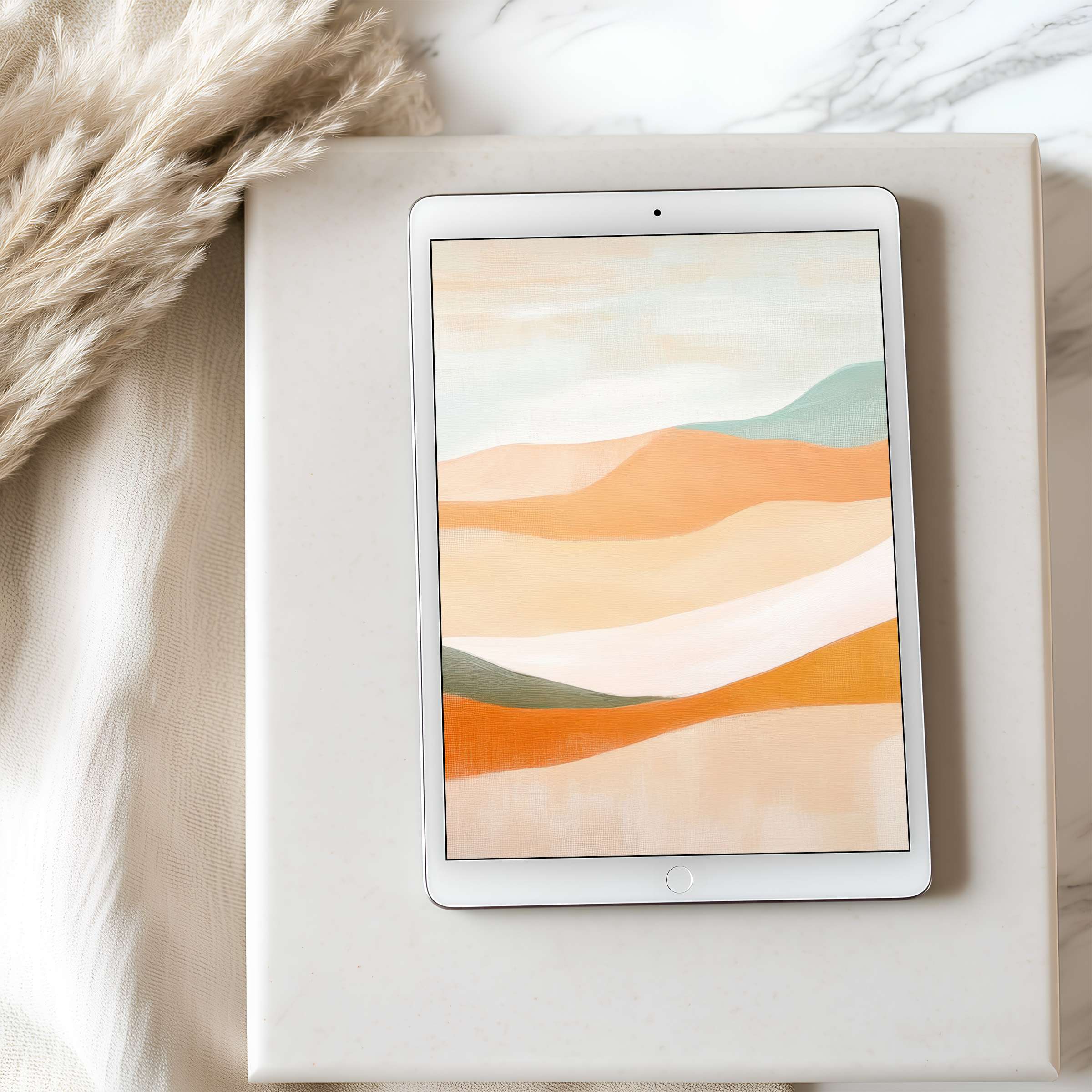 Elegant abstract landscape in soft earth tones, perfect tablet wallpaper for iPad and Android, enhancing calm, sustainable digital decor