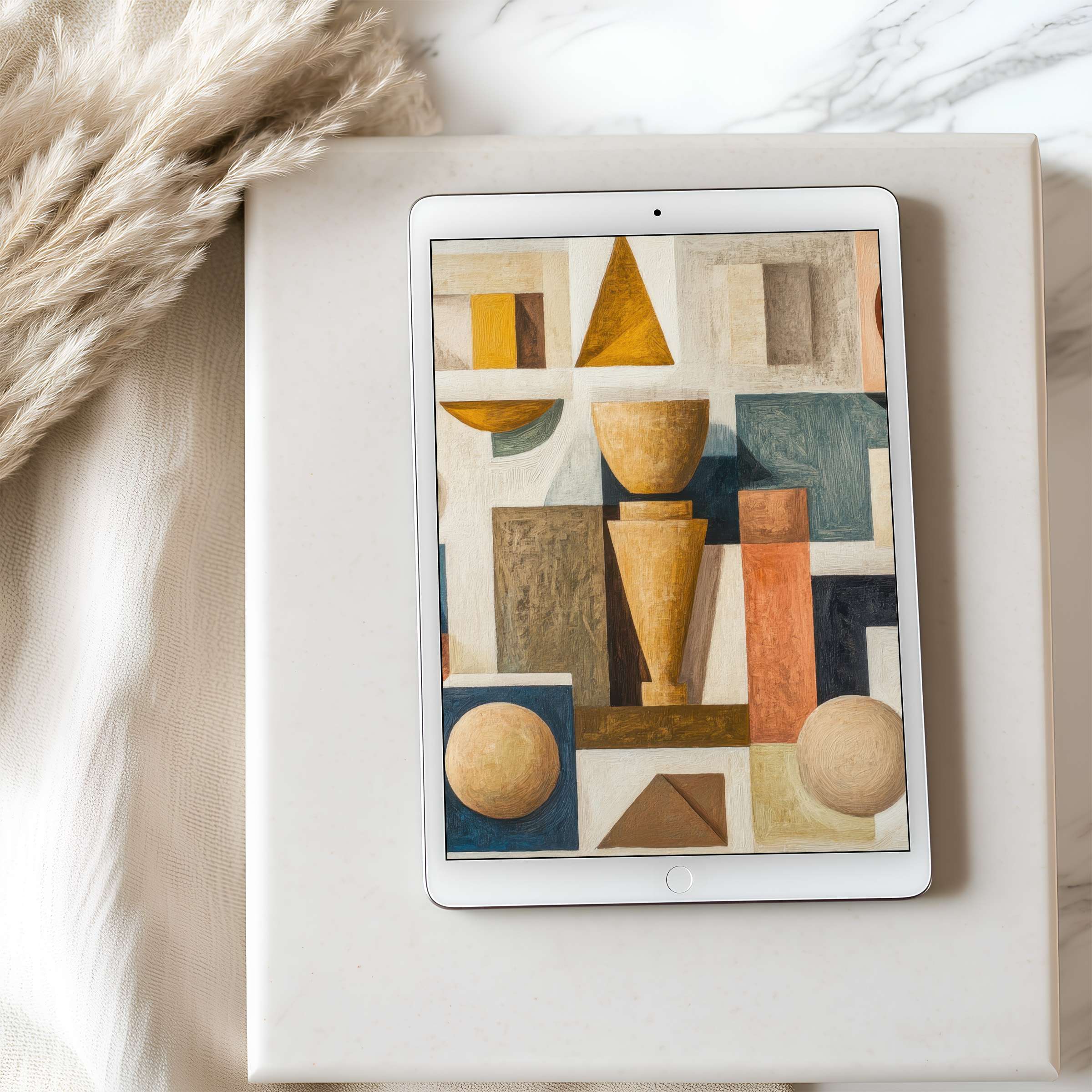 Elegant geometric art tablet wallpaper offering a calming high resolution digital download for iPad and Android in neutral tones
