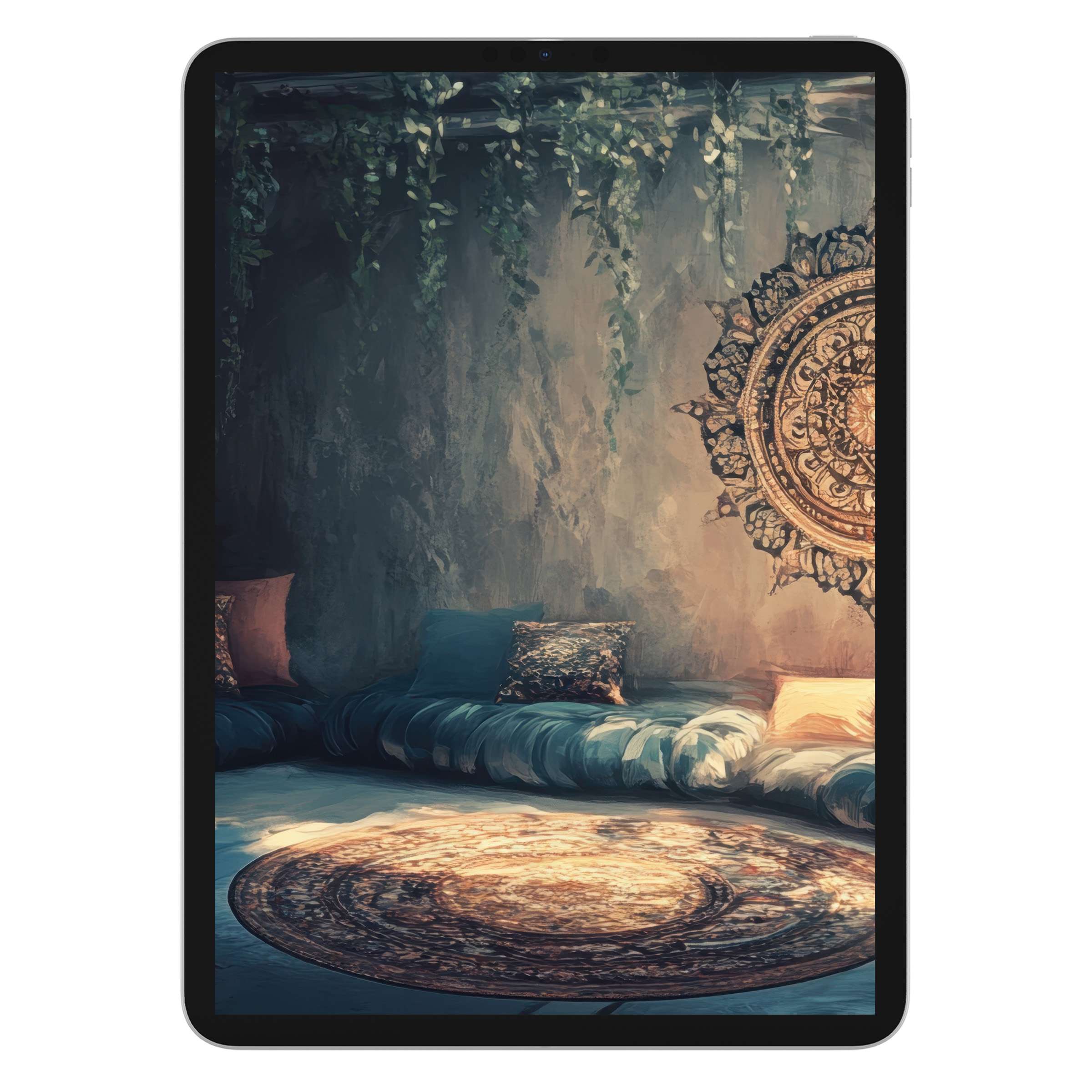 Boho iPad wallpaper featuring a serene room with hanging plants and mandala art, ideal digital download for tablet background