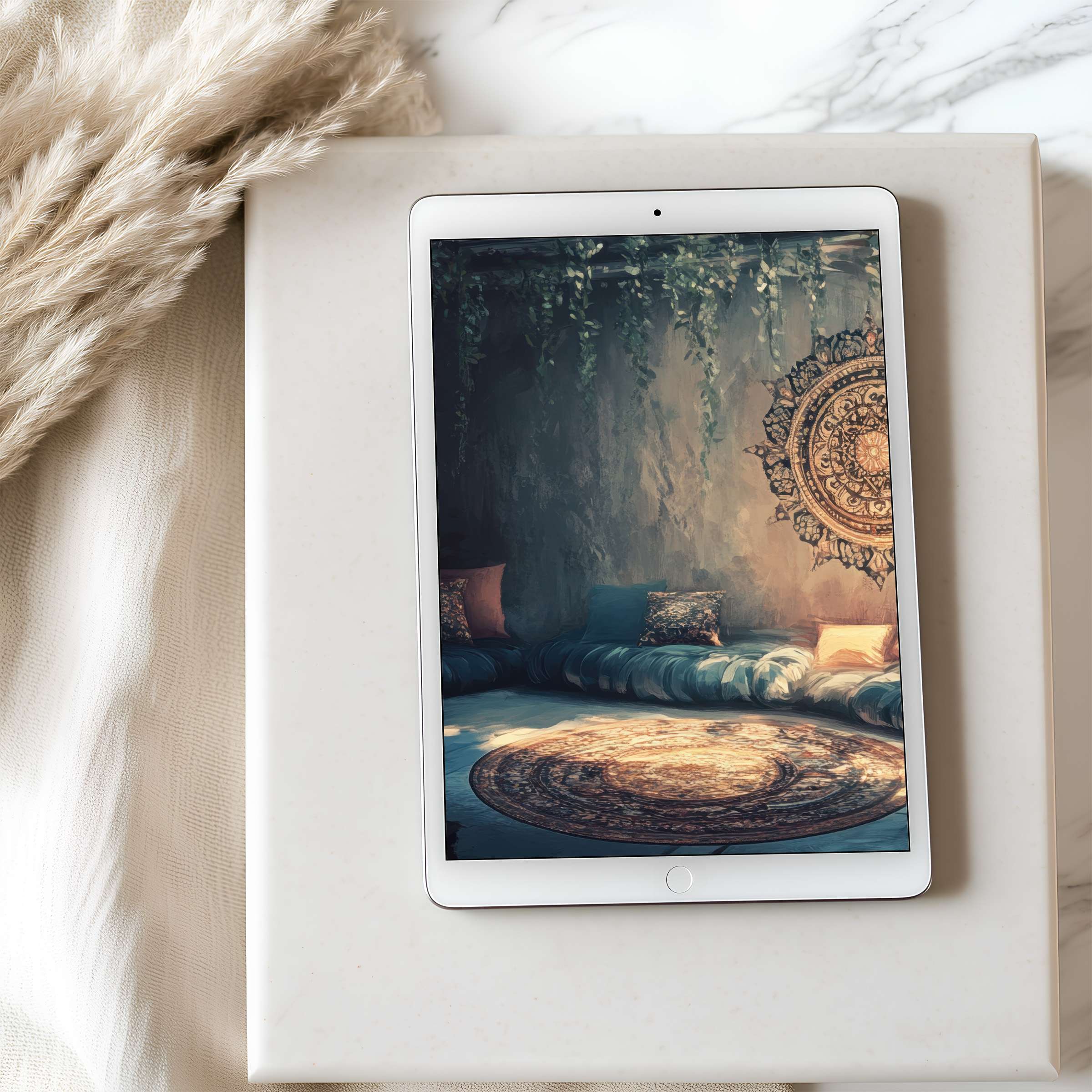Elegant tablet wallpaper featuring a serene bohemian lounge with mandala art, ideal for high-resolution iPad and Android tablets, digital download