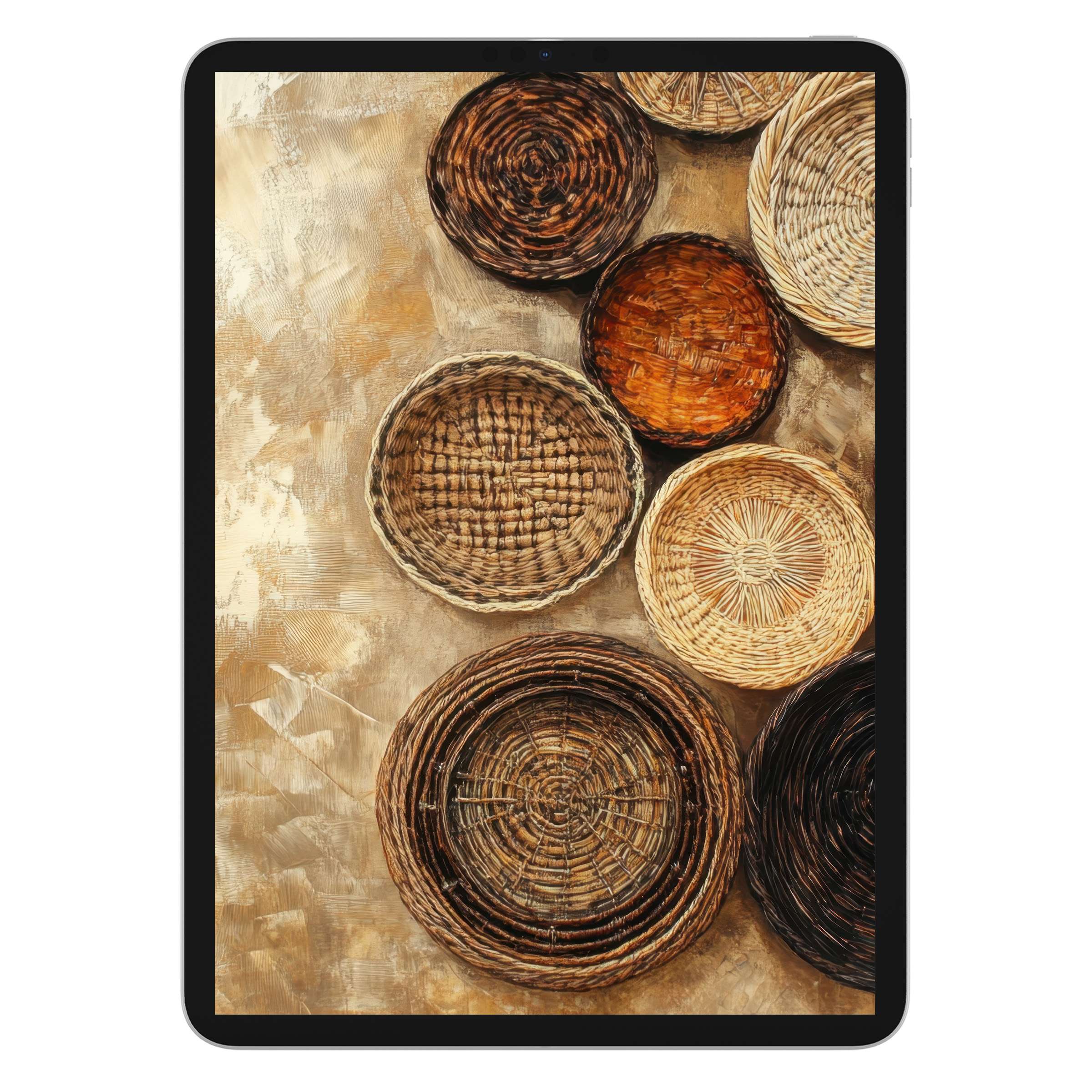 Boho iPad wallpaper featuring woven baskets in earthy tones, ideal tablet background for digital download offering serenity and style