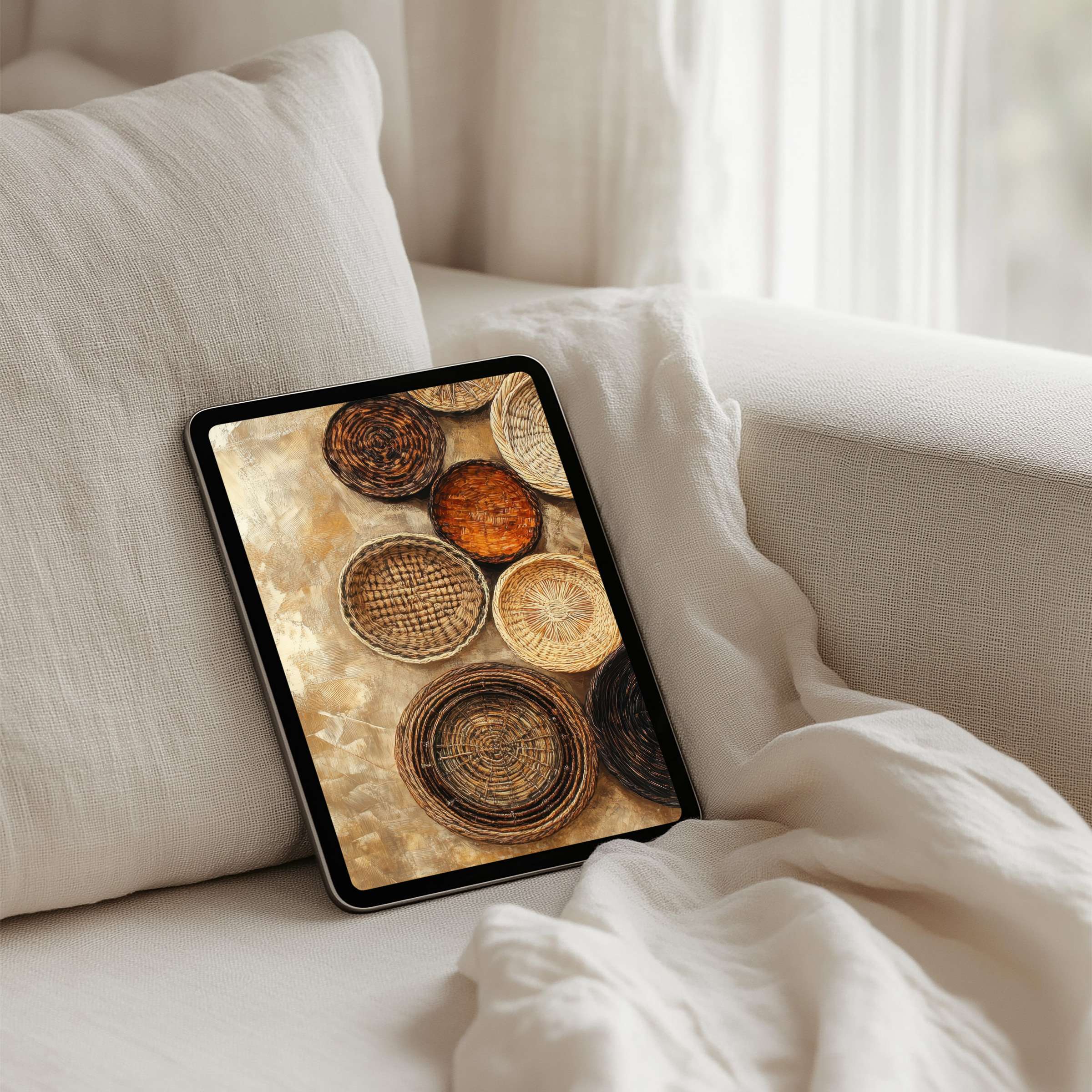 Elegant iPad background showcasing woven basket textures for instant download fits seamlessly on any tablet inspiring a calm atmosphere