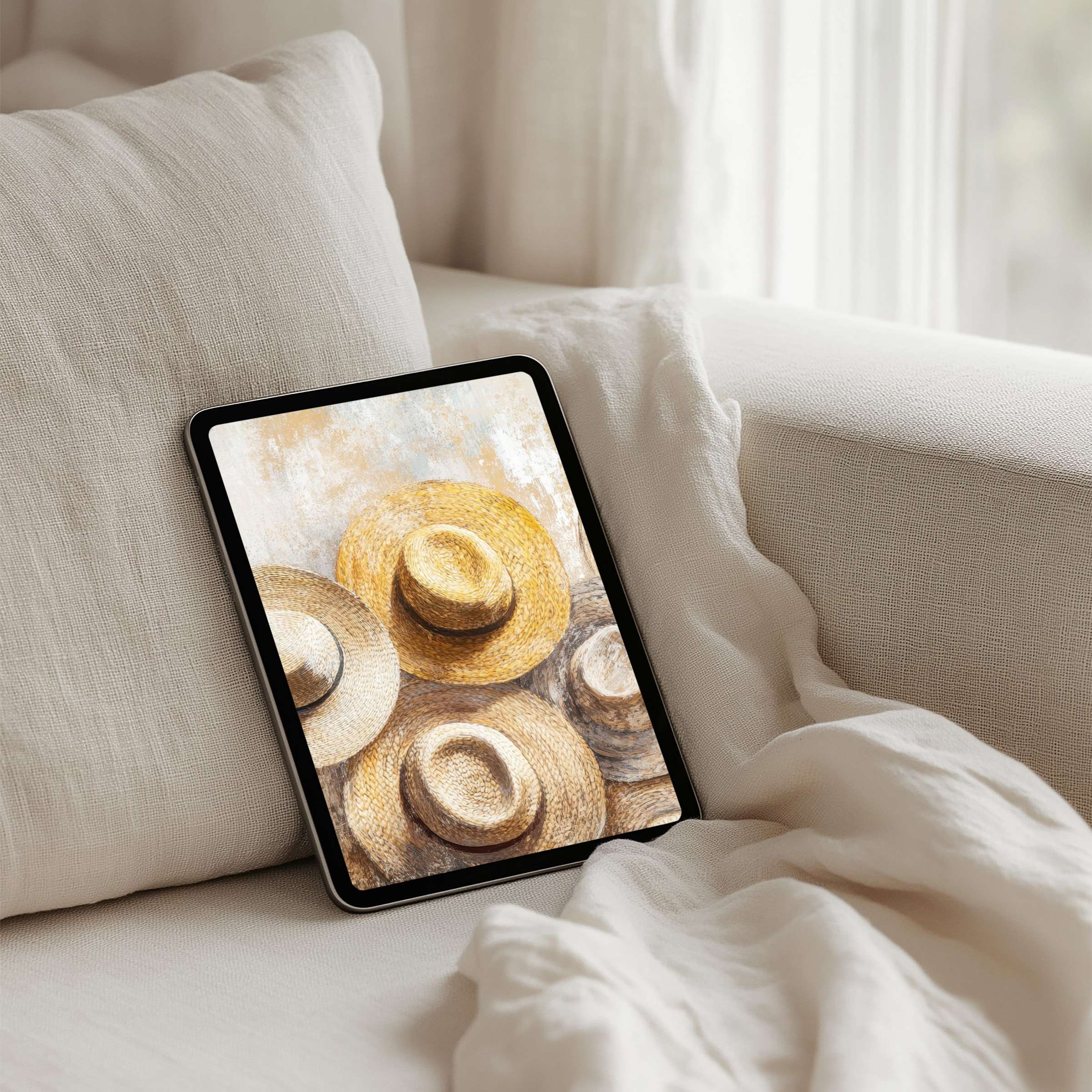 Elegant straw hat iPad background for instant download inspires calm and mindfulness fits any tablet Samsung or Android