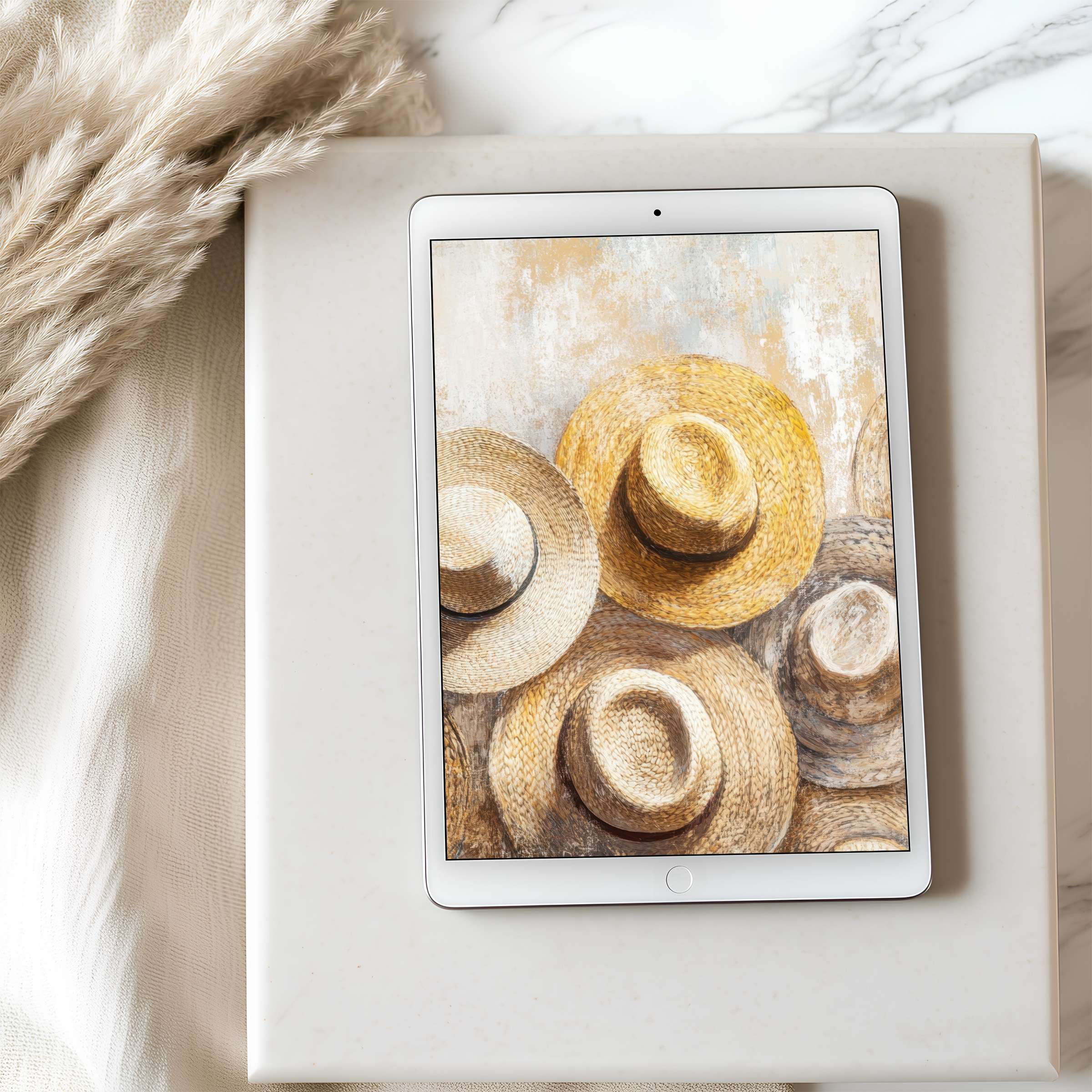 Elegant straw hats in soft earth tones, perfect tablet wallpaper for iPad, enhancing a calm, curated interior design, digital download
