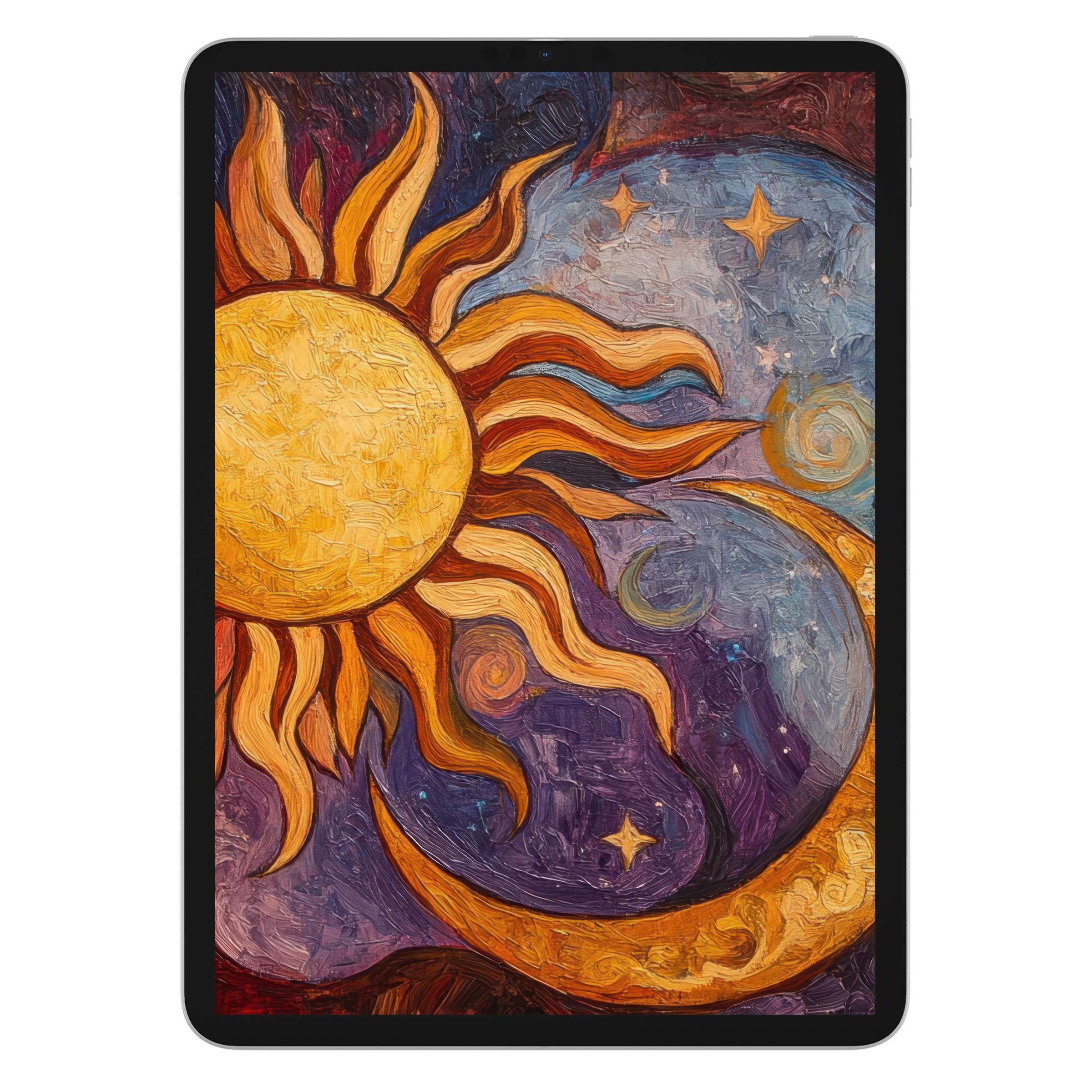 Boho iPad wallpaper in warm sun and moon swirls offers a calming digital download, ideal for artistic tablet backgrounds