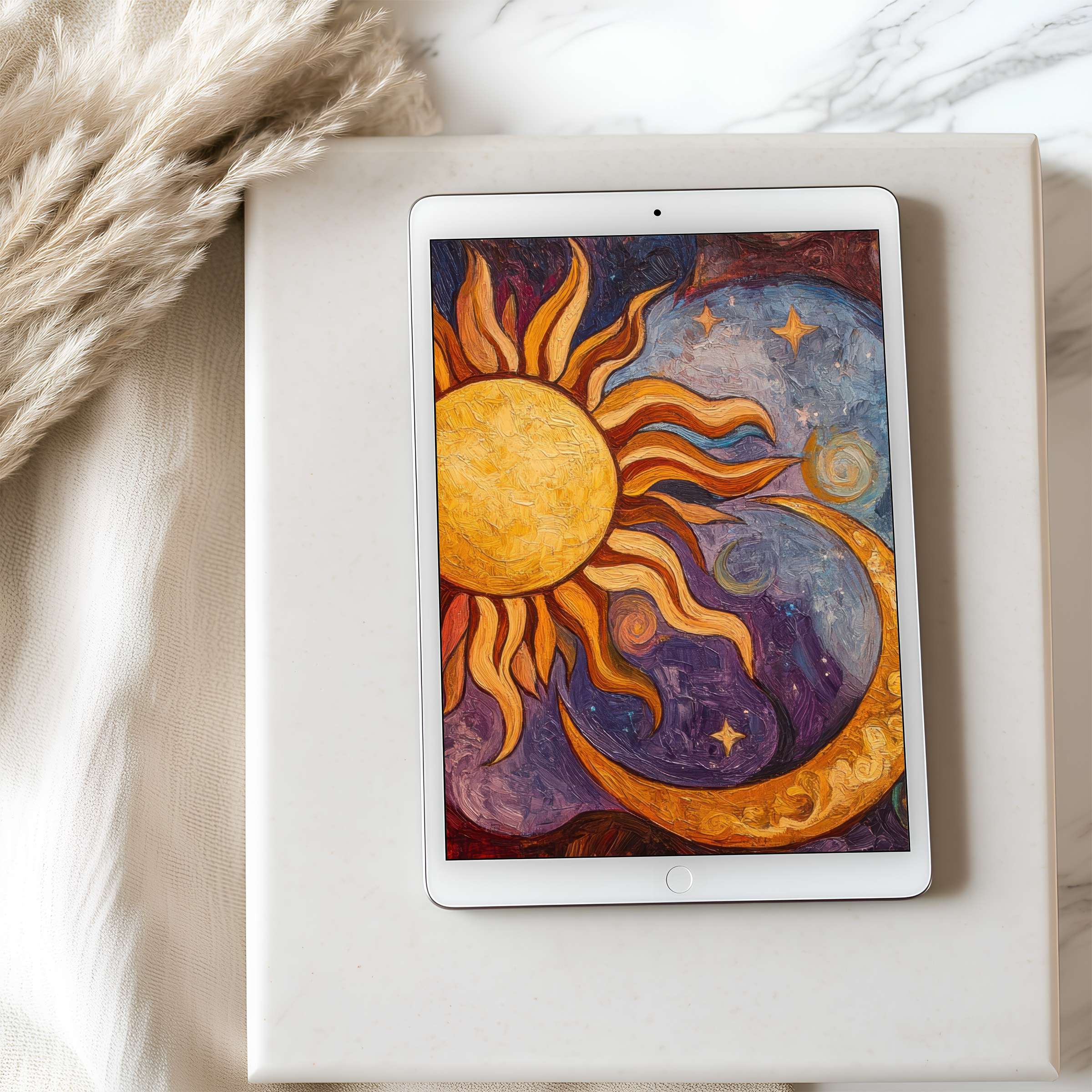 Elegant sun and moon tablet wallpaper in high resolution, featuring rich hues, ideal for iPad or Android, perfect for digital decor download