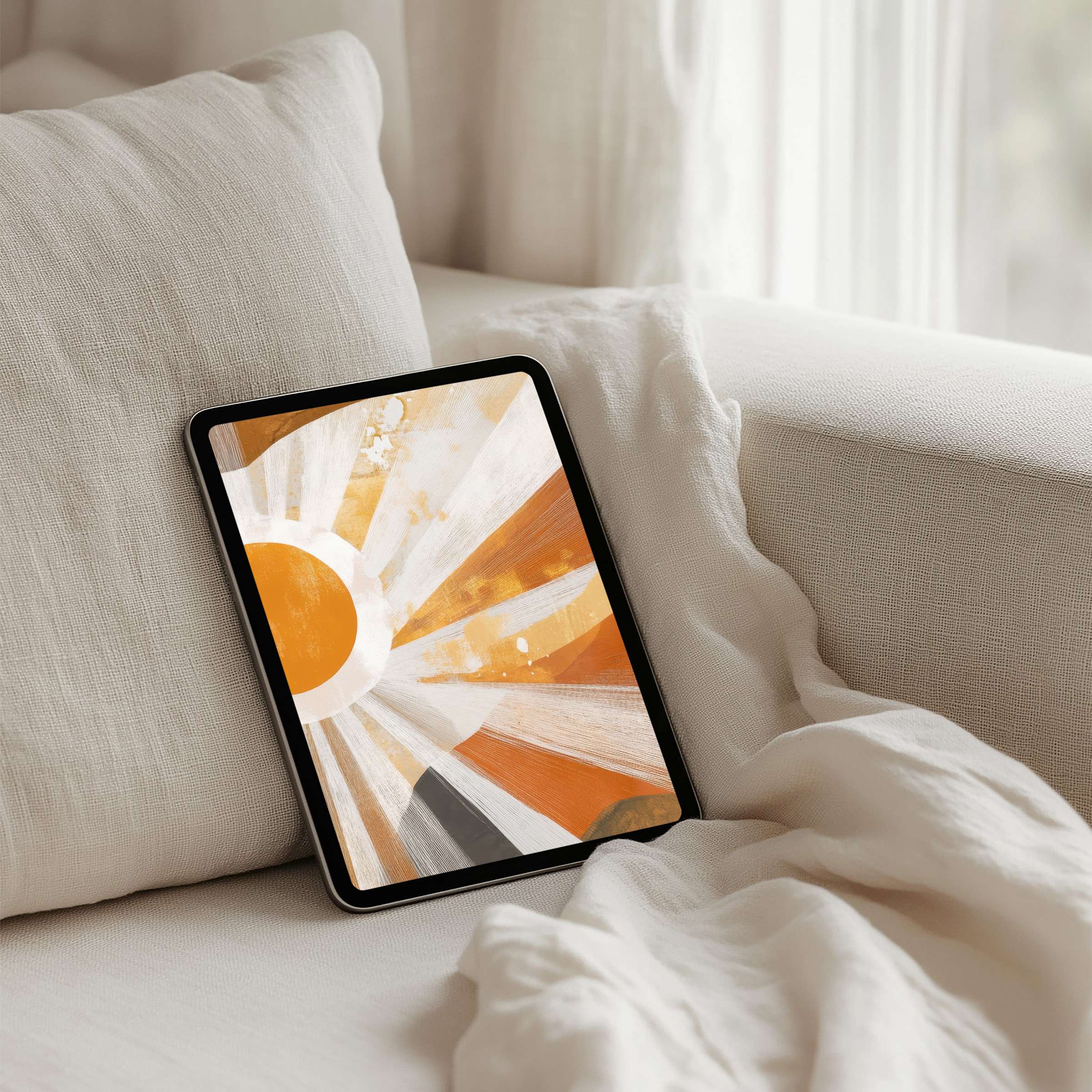 Elegant iPad background with sunburst in warm hues offers instant download for tablets, inspiring calm and mindfulness in design-conscious spaces