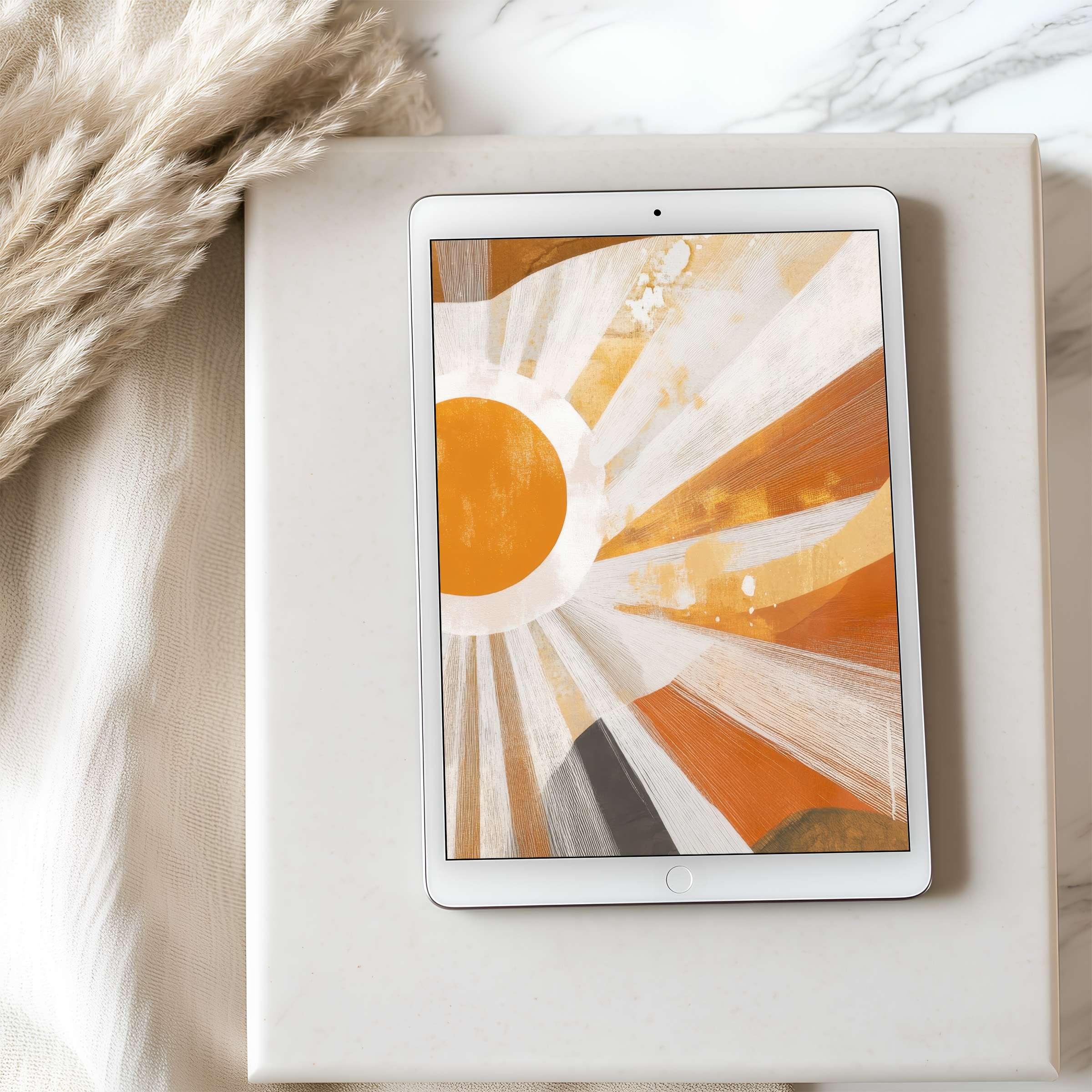 Elegant abstract sunburst tablet wallpaper in warm orange hues on high resolution iPad inspires calm and sustainable decor download