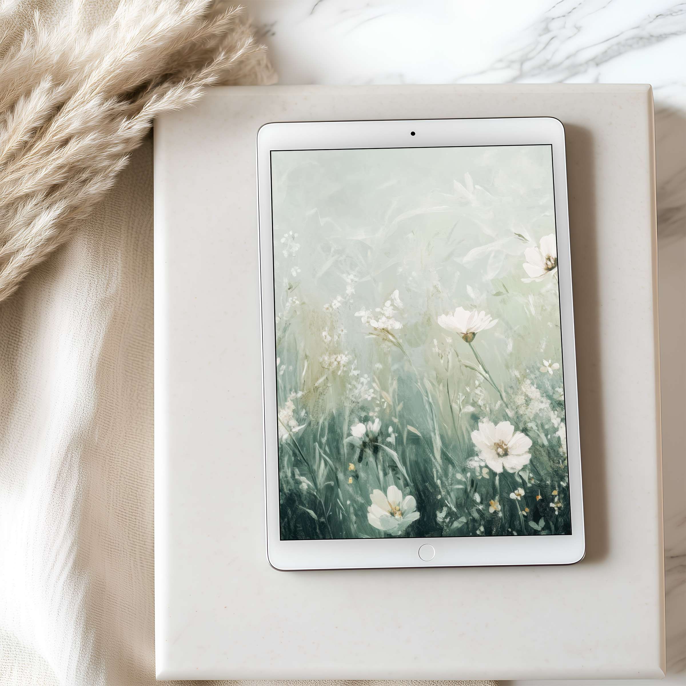 Elegant tablet wallpaper with serene floral design in green hues, perfect for iPad or Android, offering tranquility and style