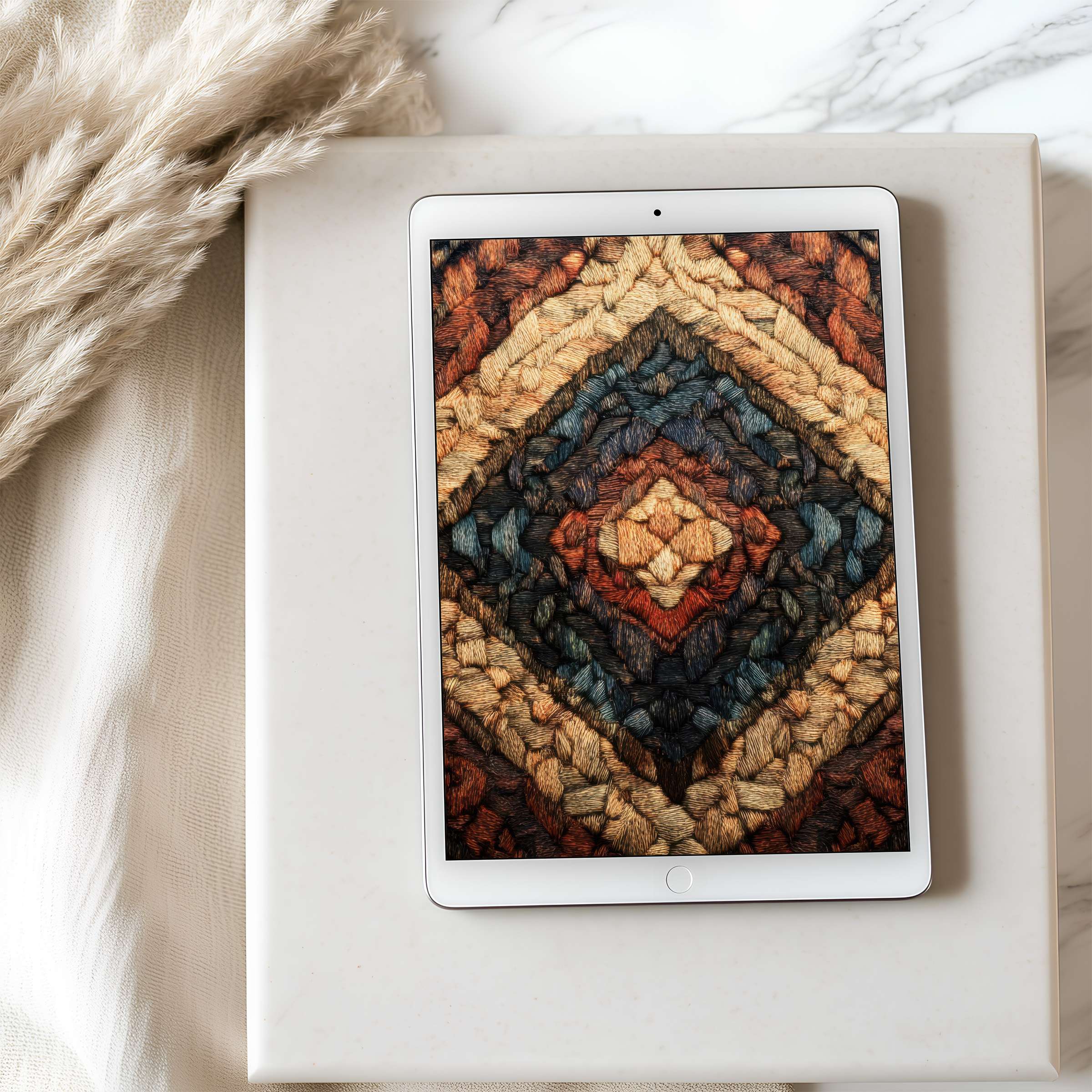 Elegant tablet wallpaper features warm, textured geometric pattern; perfect for iPad in a serene, curated space, digital download