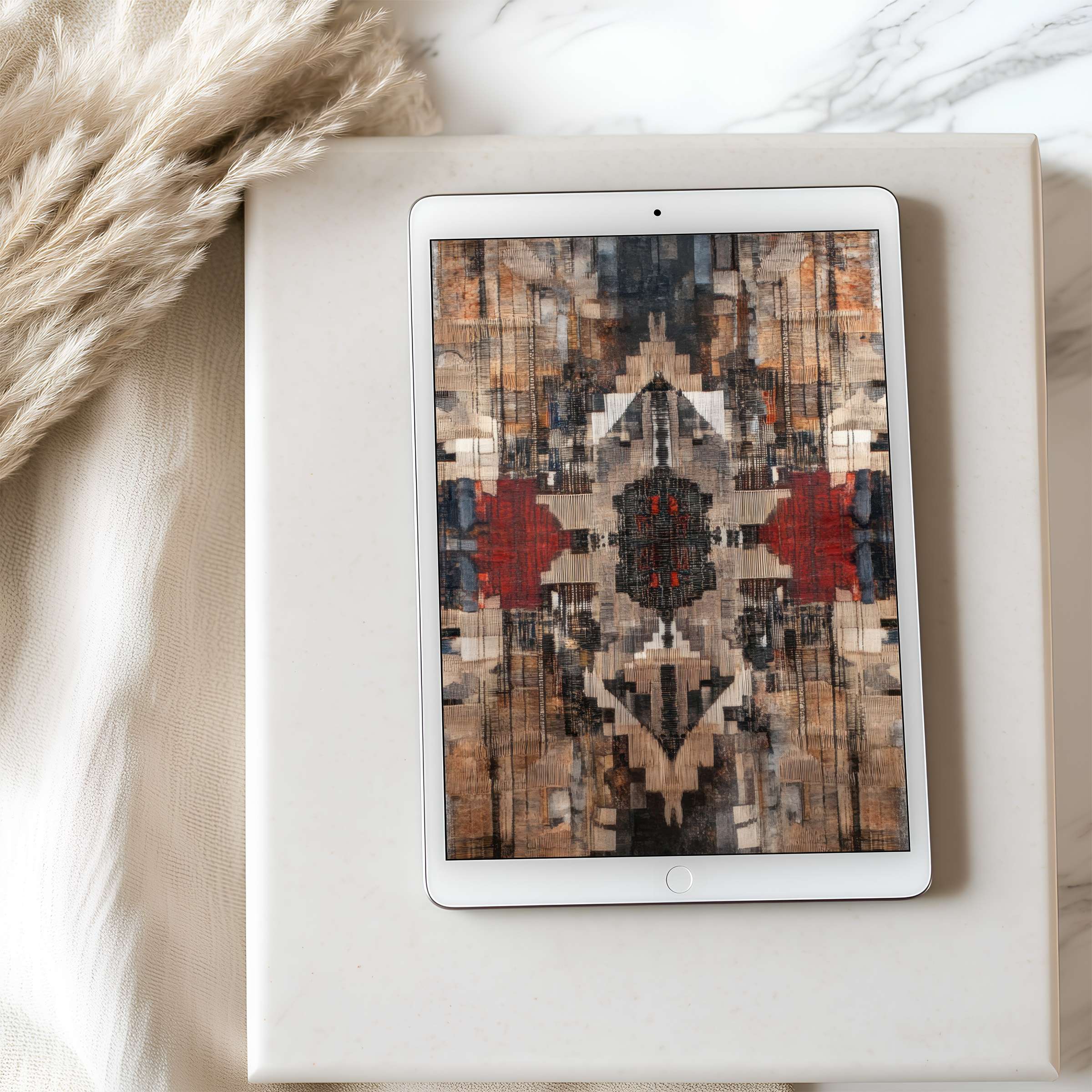 High resolution tablet wallpaper featuring an earthy geometric motif set in a serene, minimalist space for iPad or Android tablets