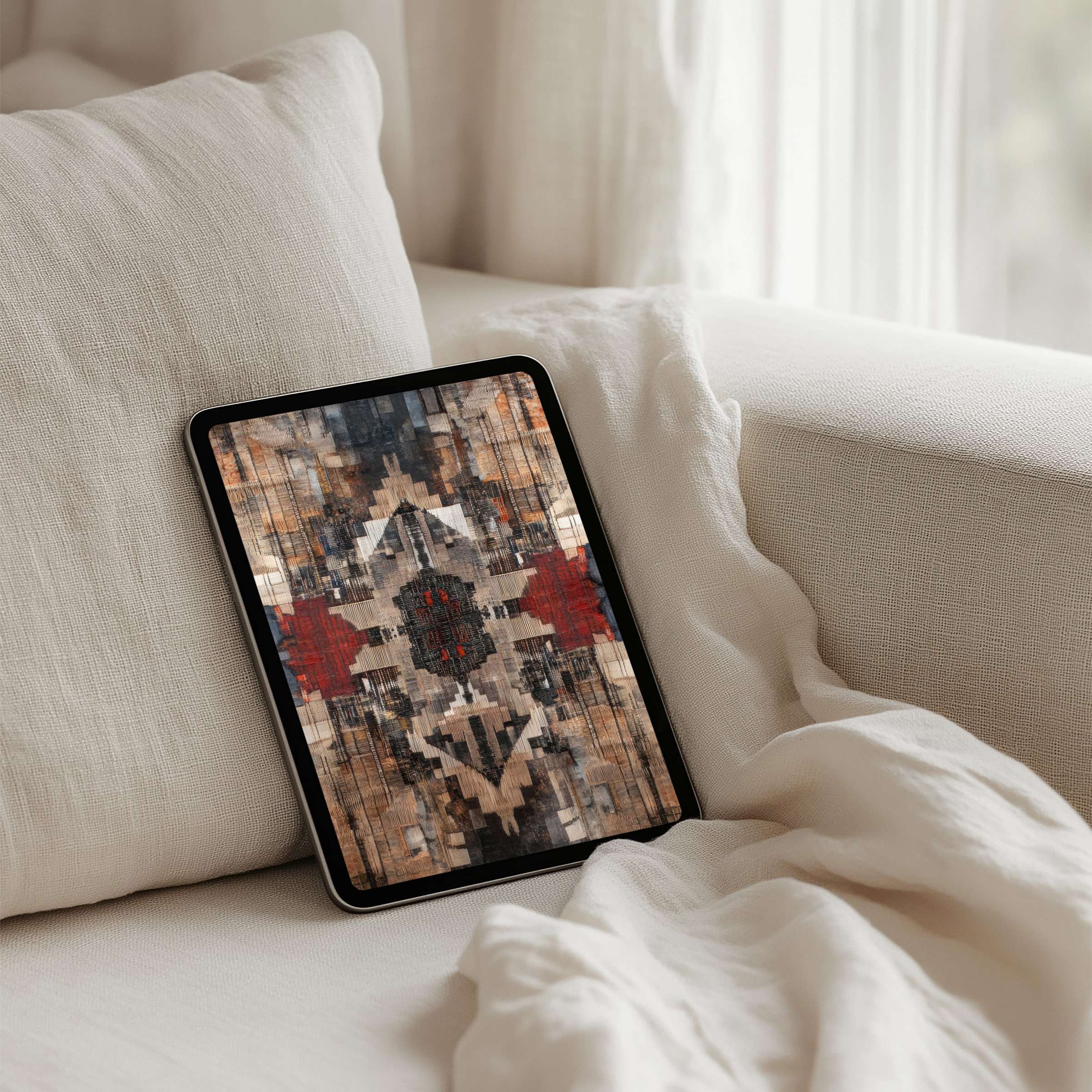 Elegant geometric design iPad background on a cozy sofa evokes calm and inspiration instant download for any tablet user