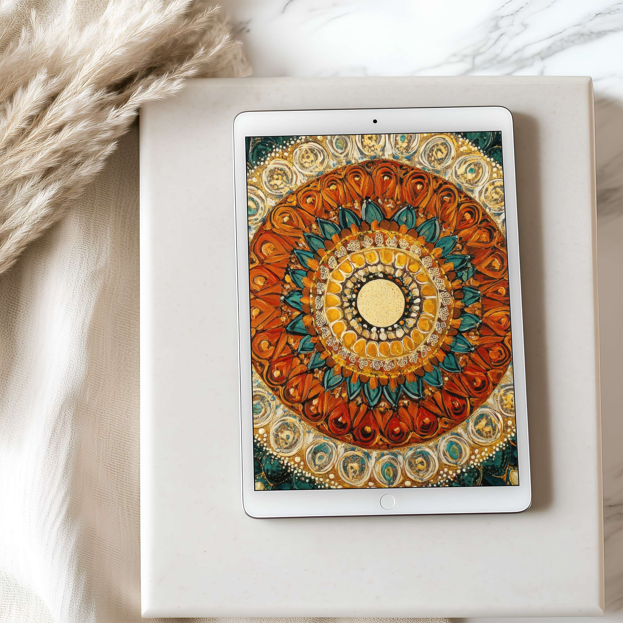 Elegant mandala tablet wallpaper in warm earth tones complements minimalist interiors, perfect for high-resolution iPad and Android downloads