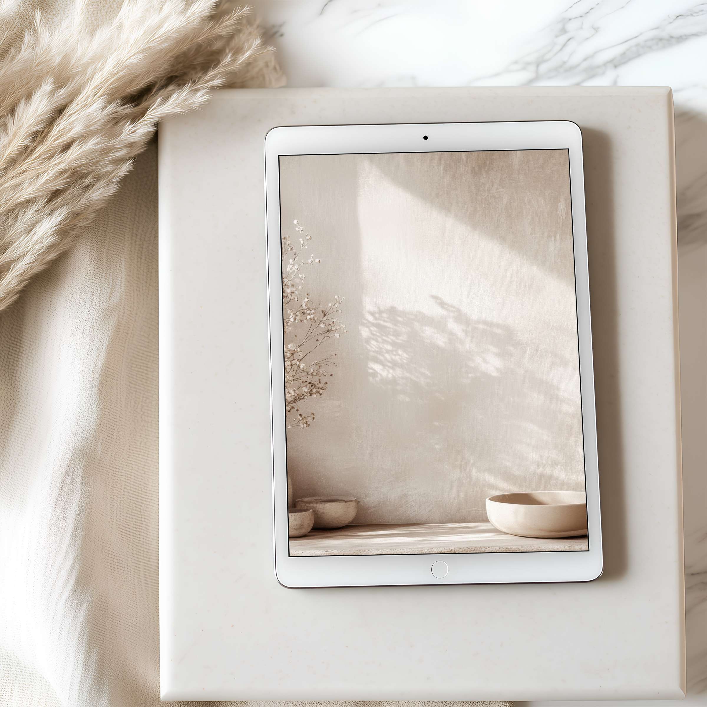 Elegant tablet wallpaper with serene beige tones and minimalist shadows, perfect for iPad or Android high-resolution downloads